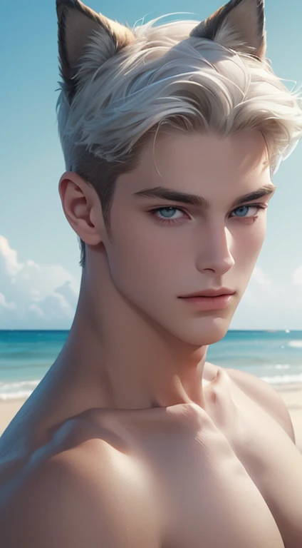 4k, high resolution, best quality, masterpiece, perfect color, perfect shade, perfect lighting, Posted by e621, ((portrait)), ((handsome man)), perfect male figure, Short hair details，Naked torso，Detailed face, perfect face, (stood up), Detailed background, ((Bonifasco Lighting)), (delicate eyes),(animal ears),white hair，((beach))