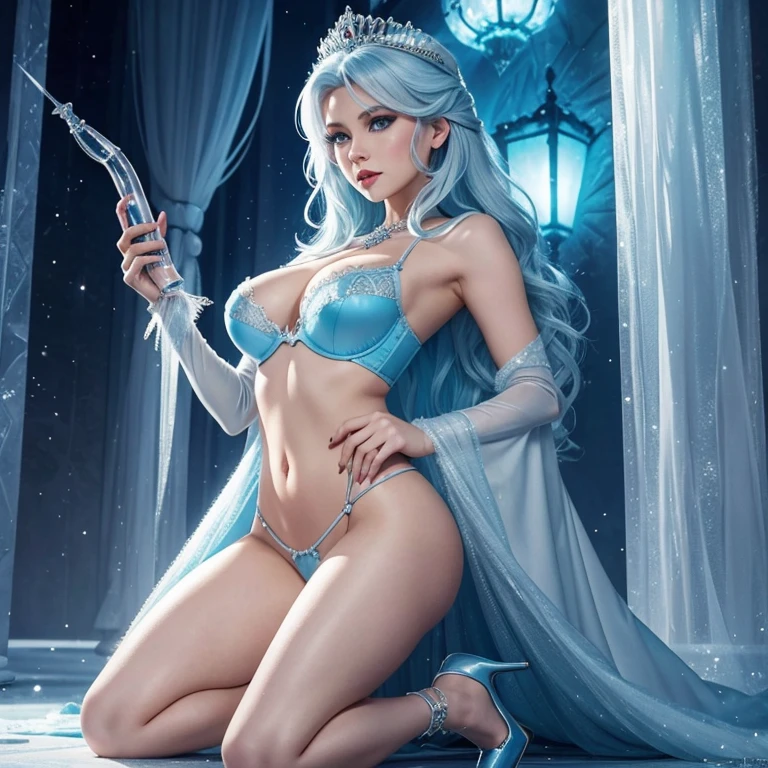 The ice queen from Disney wears a push up bra and masturbates with a dildo in her pussy and wears high heels with high heels