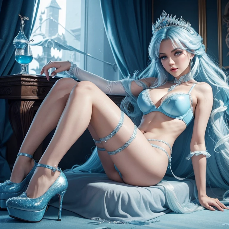 The ice queen from Disney wears a push up bra and masturbates with a dildo in her pussy and wears high heels with high heels