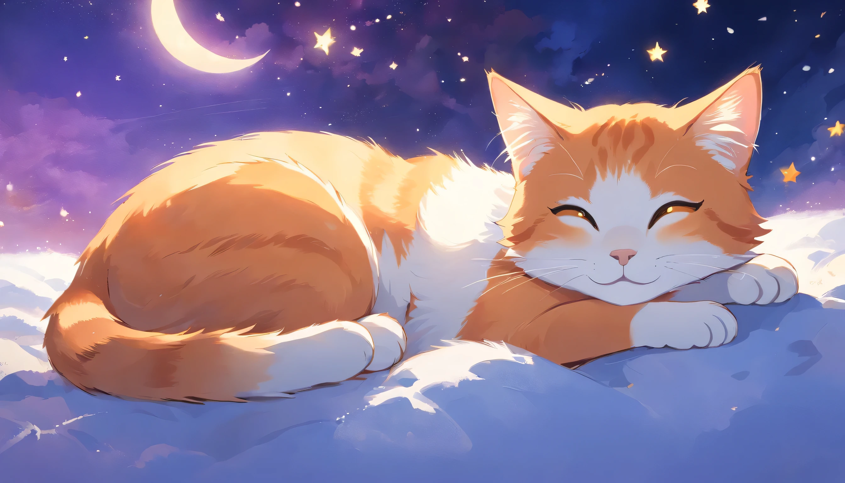 lor tone, color palette, aspect ratio 16:9This picture depicts a small orange-and-white cat lying peacefully on a cloud that looks like snow, with its eyes closed, as if enjoying a sweet dream. The cat’s expression is very calm and content, with its mouth corners slightly turned up as if it’s smiling. The background of the painting is a dreamlike starry sky, adorned with dangling stars and soft halos, some of which connect with graceful lines to create a quiet and peaceful night atmosphere.The overall style can be described as full of fantasy and fairy-tale colors. The entire image is dominated by warm and bright colors, The use of color is soft and layered; the orange and white cat contrasts sharply with the dark blue and purple background, creating a warm versus cool tone that enhances the snug feel of the picture.presenting a peaceful, warm, and pleasant feeling that makes one’s mood very relaxed and happy after looking at it. In addition, the details of the painting are exquisitely handled, such as the texture of the cat’s fur, the fluffiness of the clouds, and the twinkling starlight, all of which add to the picture’s delicacy and charm.Close ~ eyes、one cat