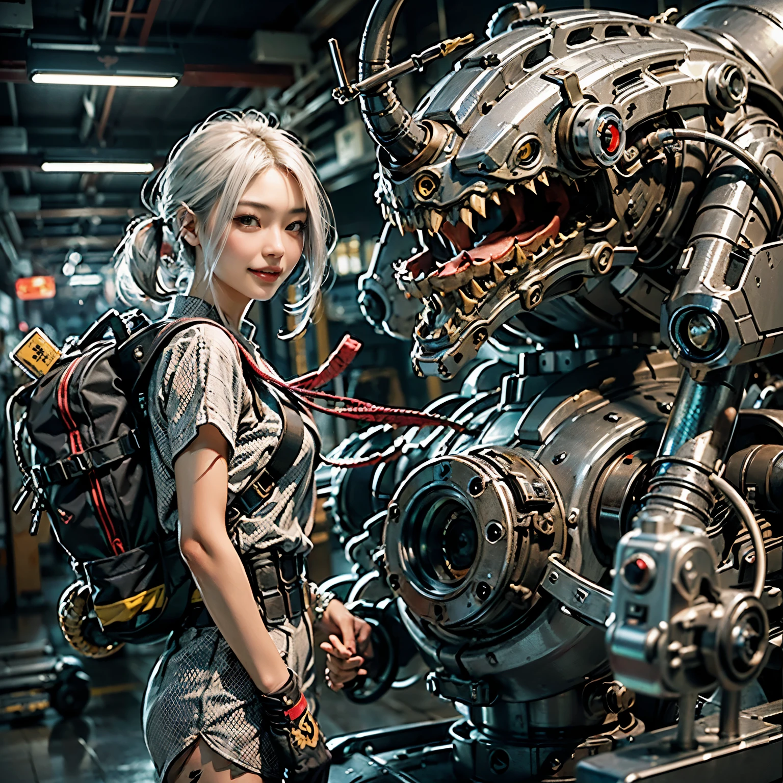 Japanese woman, heavy equipment, Mechanical backpack, very beautiful face, double teeth, fangs, reinforced exoskeleton with insect references, canine teeth, smiling face, silver hair, full body shot, photorealistic, realistic, ultra realistic, ultra detailed, ultimate intricate detail, lighting highlighting machinery, glossy, cave with a suspicious atmosphere
