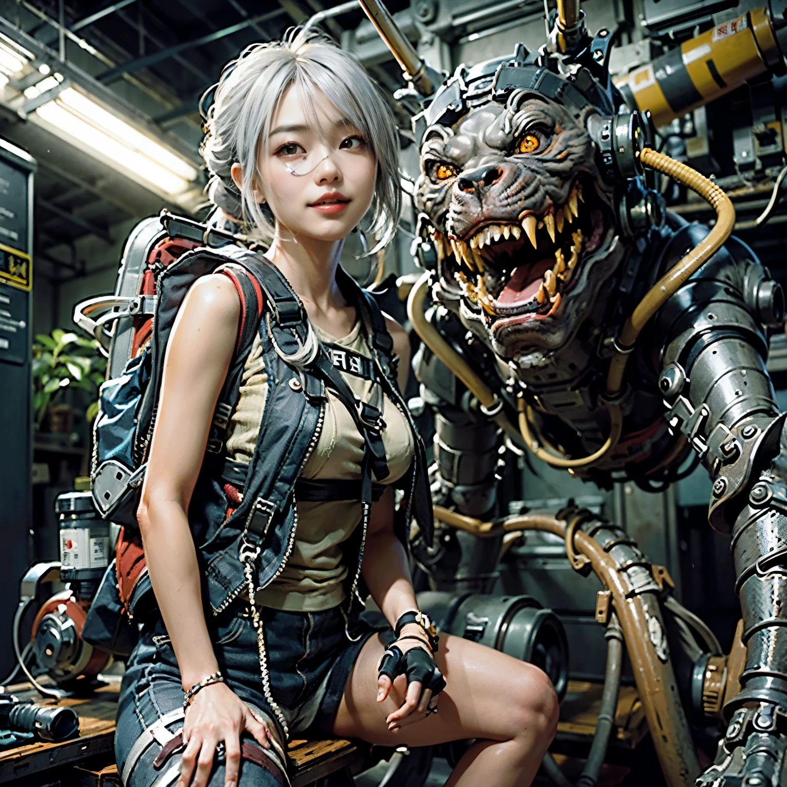 Japanese woman, heavy equipment, Mechanical backpack, very beautiful face, double teeth, fangs, reinforced exoskeleton with insect references, canine teeth, smiling face, silver hair, full body shot, photorealistic, realistic, ultra realistic, ultra detailed, ultimate intricate detail, lighting highlighting machinery, glossy, cave with a suspicious atmosphere