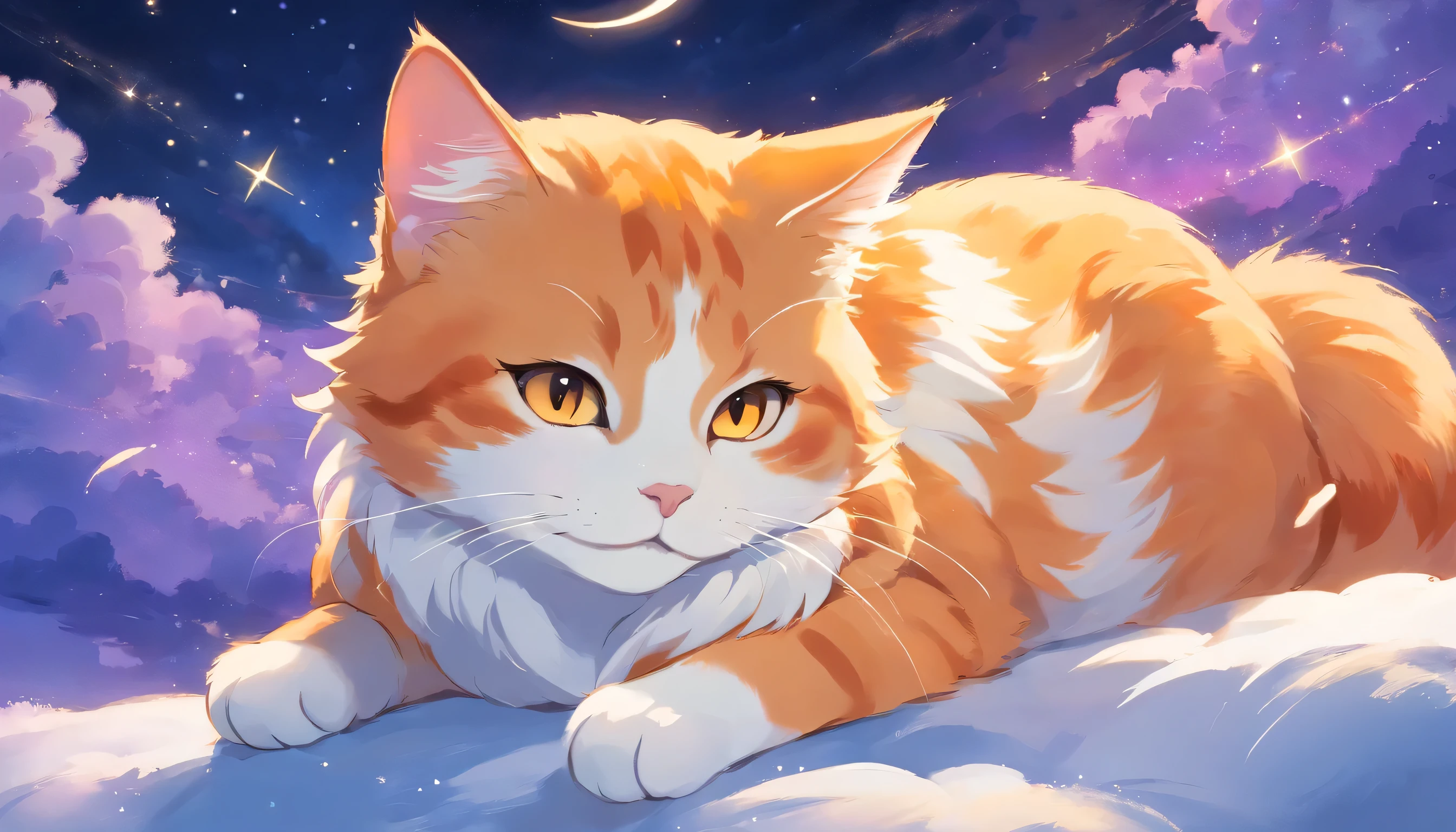 lor tone, color palette, aspect ratio 16:9This picture depicts a small orange-and-white cat lying peacefully on a cloud that looks like snow, with its eyes closed, as if enjoying a sweet dream. The cat’s expression is very calm and content, with its mouth corners slightly turned up as if it’s smiling. The background of the painting is a dreamlike starry sky, adorned with dangling stars and soft halos, some of which connect with graceful lines to create a quiet and peaceful night atmosphere.The overall style can be described as full of fantasy and fairy-tale colors. The entire image is dominated by warm and bright colors, The use of color is soft and layered; the orange and white cat contrasts sharply with the dark blue and purple background, creating a warm versus cool tone that enhances the snug feel of the picture.presenting a peaceful, warm, and pleasant feeling that makes one’s mood very relaxed and happy after looking at it. In addition, the details of the painting are exquisitely handled, such as the texture of the cat’s fur, the fluffiness of the clouds, and the twinkling starlight, all of which add to the picture’s delicacy and charm.Close ~ eyes、one cat