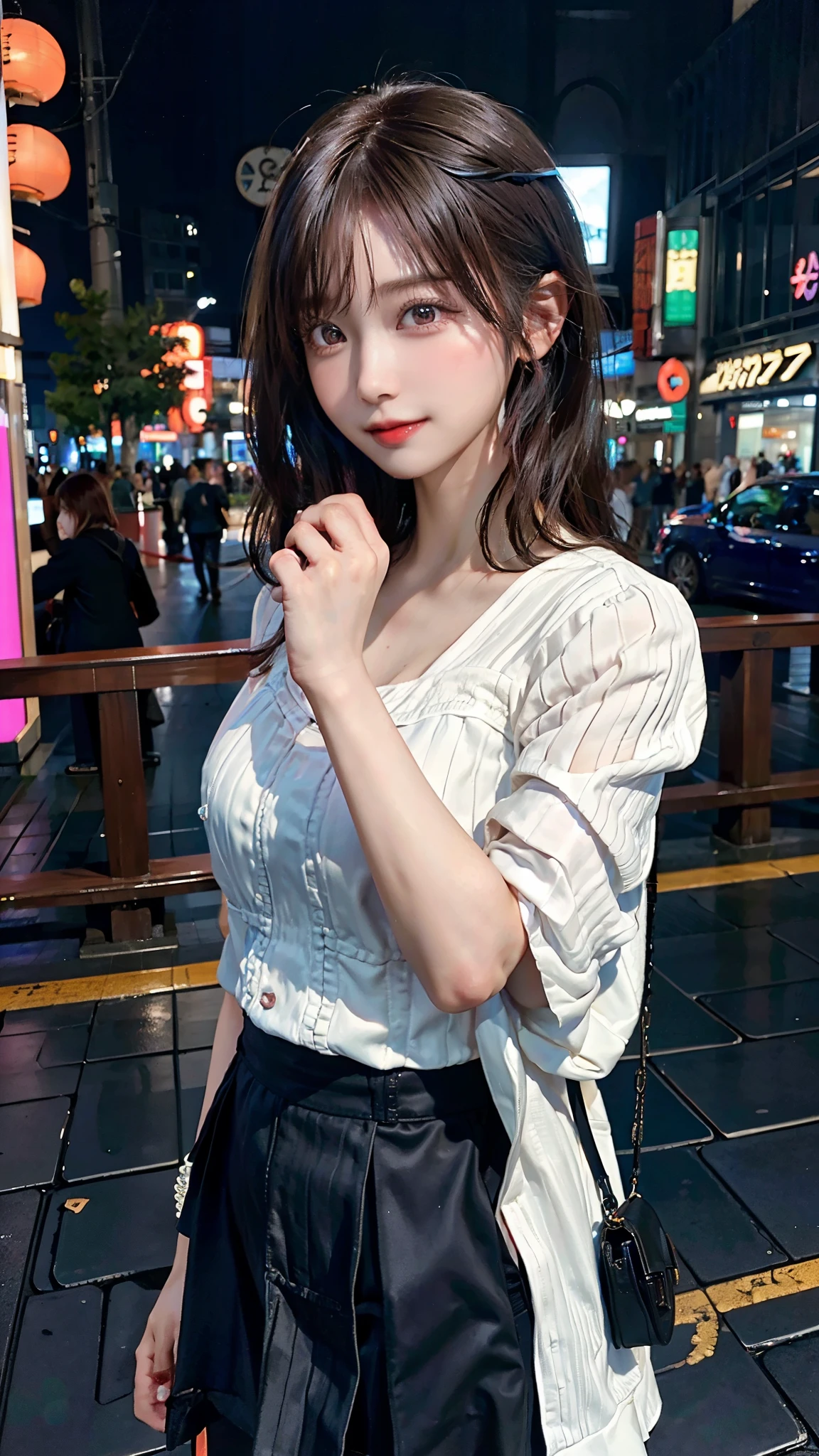 Full body view、(highest quality,masterpiece:1.3,超A high resolution,),(Super Detailed,Caustics),(Photorealistic:1.4,RAW shooting,)ultra-Realistic capture,Very detailed,High resolution 16K suitable for human skin、 Natural skin texture、、Skin tone is even and healthy looking、 Use natural light and color,One Woman,Japanese,,cute,Pink Hair,Middle Hair,(Written boundary depth、chromatic aberration、、Wide range of lighting、Natural Shading、)(RAW Photos:1.2),expensive、expensive品質,beautiful detail girl,smile,Double Tail,Very detailed目と顔,Beautiful and beautiful eyes,Very detailed,Face Light,Cinema Lighting,16-year-old girl,(Realistic:1.4),Awareness-raising,Henterrealism,From below,Super Detail、short hair、skirt、Tokyo Street、(Night view:1.4)