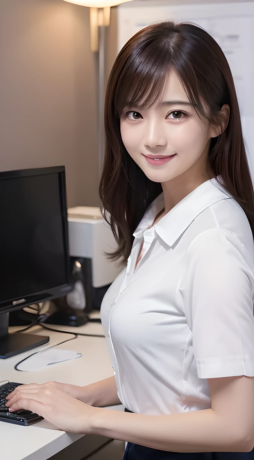 (Masterpiece, BestQuality:1.3), (ultra detailed 8k:1.2), (hyper realistic:1.35),(RAW photo:1.2),High detail RAW color photo, professional photograph, (Photorealistic:1.45), (realistic:1.4),
BREAK
1 beautiful girl, japanese Business woman,(Dynamic Pose: 1.2),(bewitching smile:1.3), (super beautiful woman:1.3), beautiful skin, detailed eyes, detailed face, white shirt with collars, waist up, dramatic lighting, from below,18 yo,office lady, PC desk