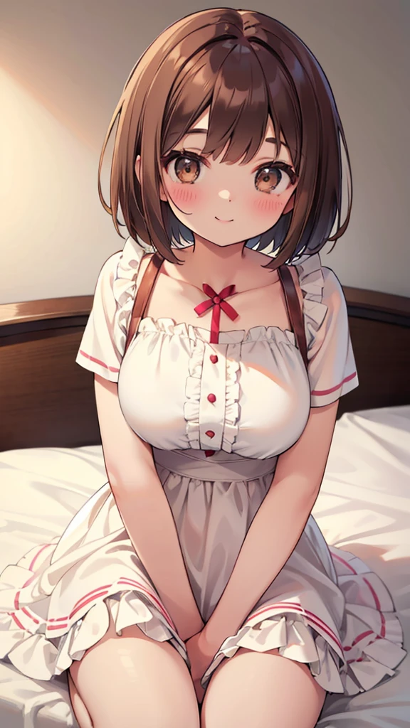 Beautiful breasts, brown hair, Brown eyes, Wave Shorthair, bangs, blush,  bright, smile, White ruffle dress, bed, 