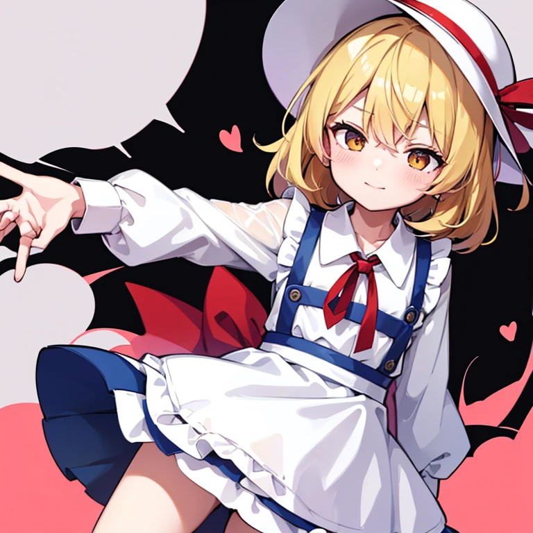 masterpiece, best quality, 1 girl, , , 12 years old, white hat, red ribbon, middle blonde hair, golden eyes, short puffy sleeves, white clothes, white apron, red ribbon tie, blue skirt, blue ruffles, collarbone, gentle smile, Kana Anaberal, Poltergeist, pinafore, from behind, to lift up one’s skirt, cowboy shot, from front, standing , raise one leg, crossed arms, arms up behind, arms behind back, hand between legs, put hands hip, one hand on hip, forward hands, arms raised in the air, punch hands, peace_sign, waving, put up index finger, sit, lie down, closed eyes, lie face down, looking back, put one hand chest, leaning forward,cleavage,close up, horizontally outstretched arms, horizontally outstretched legs, front view, front face
