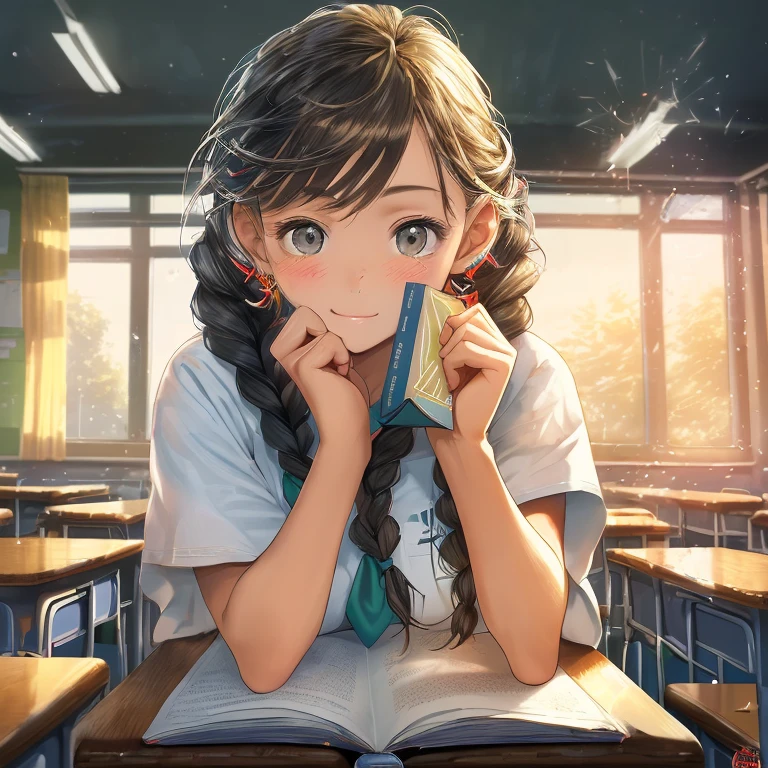 beautiful girl with braided hair, pretty face and sparkling eyes, studying in a high school classroom, wearing a , holding a book and a pencil, surrounded by classmates and teachers, focused and determined, sunlight shining through the window, vibrant and colorful surroundings, realistic and detailed artwork, capturing the essence of youth and education, with a touch of nostalgia and innocence, a masterpiece in oil painting, depicting the vibrant and energetic atmosphere of high school life. (best quality, 4k, highres), ultra-detailed, photorealistic:1.37, portraits, vivid colors, studio lighting, sharp focus, capturing the emotions and dynamics of young students, beautifully painted textures and lighting, creating a sense of depth and realism, with a warm and inviting color palette, highlighting the importance of education and the journey of growth.