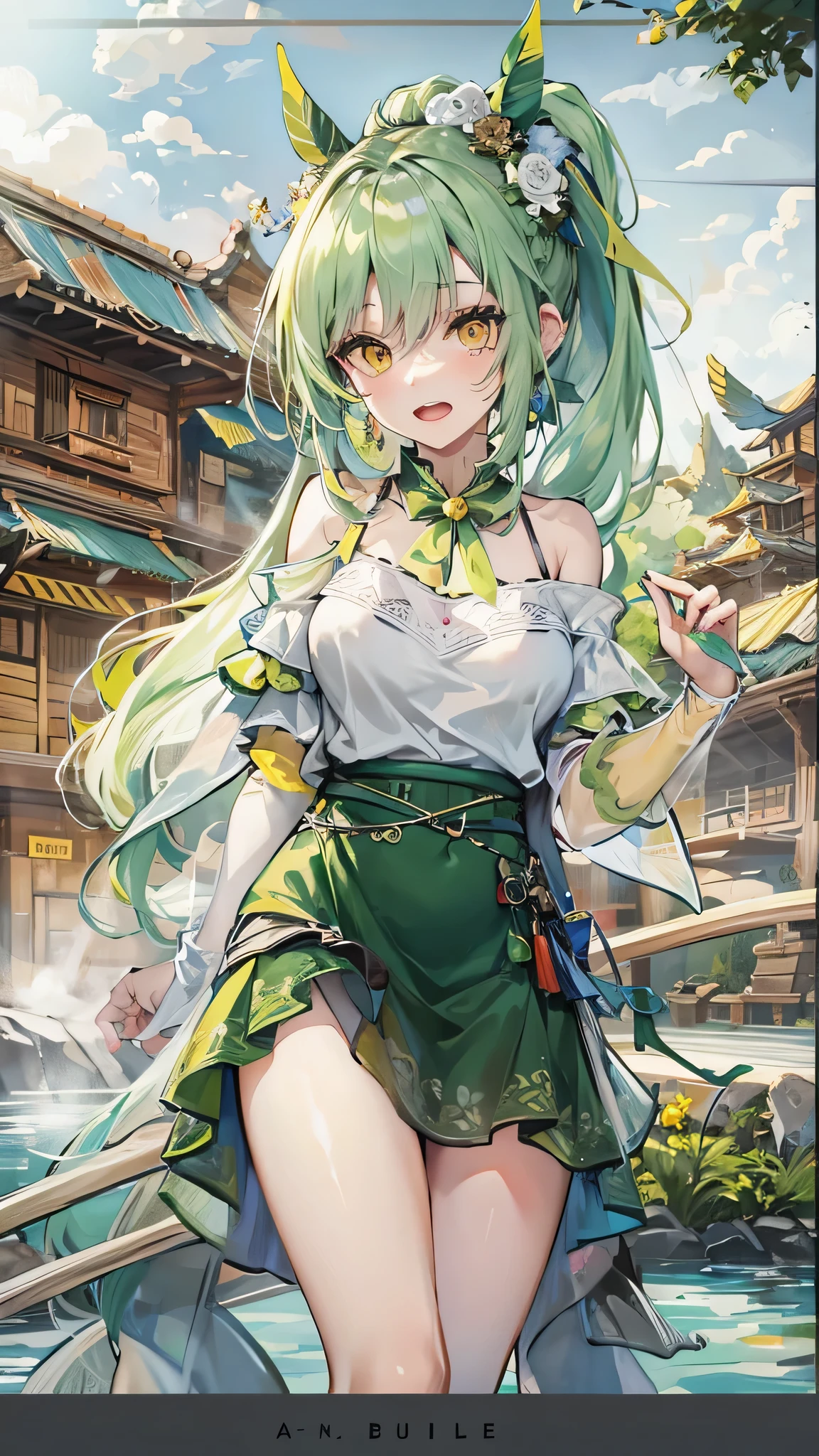perfect anatomy, masterpiece:1.4, best highres, 16k, (the background is Hot Spring Town), ((background many hot spring with fog)) break,
(wide-angle, frontale:1.2) (solo:1.3 ponytail green hair long hair cute girl), (( yo)), (cute yellow eyes), ((beautiful make up)), (sexy smile, open mouth), break, (in a Layered yellow Off-the-shoulder dress with detailed green rose).