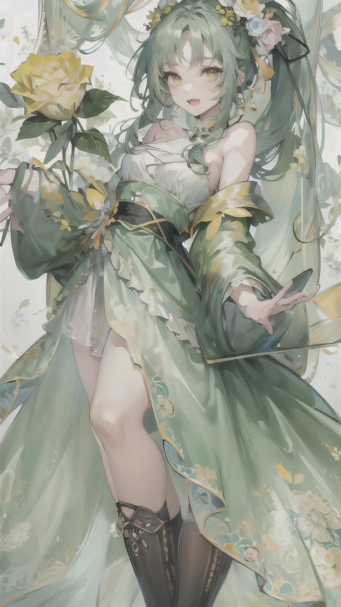 perfect anatomy, masterpiece:1.4, best highres, 16k, (the background is Hot Spring Town), ((background many hot spring with fog)) break,
(wide-angle, frontale:1.2) (solo:1.3 ponytail green hair long hair cute girl), ((15 yo)), (cute yellow eyes), ((beautiful make up)), (sexy smile, open mouth), break, (in a Layered yellow Off-the-shoulder dress with detailed green rose).