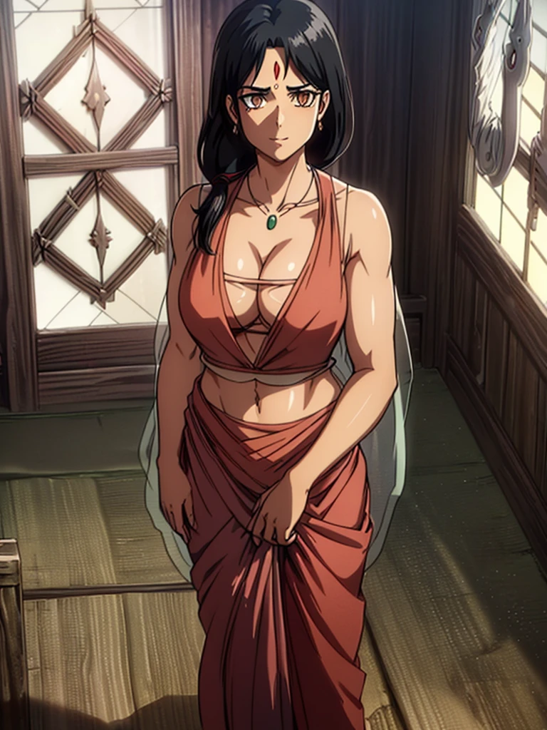 （8k, RAW photos, minino：1.1） ，female，（looki at viewer company），cowboy lens，Japanese，carla yeager / (attack on titan\），（fullbody saree：1.1），La Brett Piercing，cleavage，((( saree)))，seductive smile，Be red on the face, full body photo, standing, lean, muscular legs, muscular belly, long hair, black hair, eyes, medium breasts, (no bindi) Professional lighting、photon mapping、physics-based rendering、dark theme，wearing wifs, jewellery and necklace, alone, extreme high quality, legs covering saree