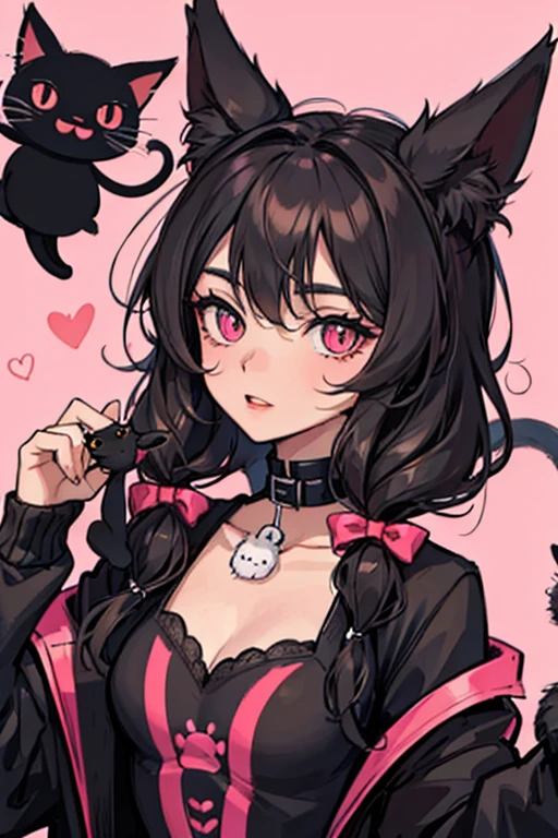 Animal drawing of a cute black cat with pink eyes