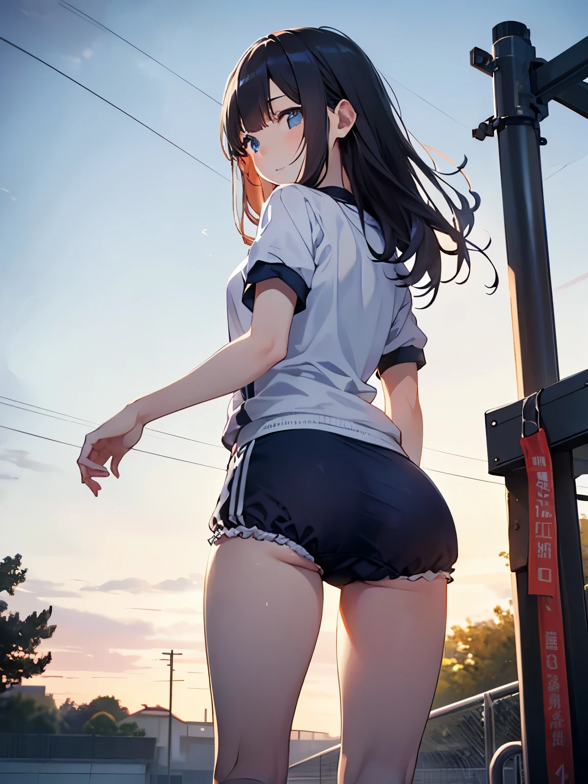 グラウンドをRun体操着姿の女の子、Black Hair、Semi-long hair、Butt、Over your shoulder、Back view、((from below:1.2))、Very detailed、High resolution、Super Beauty highest quality、8Kのmasterpiece, highest quality, The real picture, Intricate details, The Very detailed, 超A high resolution, Depth Field,(Photorealistic,Realistic:1.2),masterpiece, Photographed from the front ,positive、 ((1 girl))),Girl in gym clothes、((Bloomers:1.3)), ((bloomers:1.3)), ((Outside the house))、((playground))、(highest qualityのイラスト:1.2), (pretty girl:1.1), (1 girl, alone:1.5), (1 girl、、Very detailedな目:1.2)、perfect glowing skin, Perfect Skin, Narrow waist、 smile Perfect Five Fingers、Sweat、Her underwear is visible:1.3,、Girl running away、Run、blue sky、Medium chest