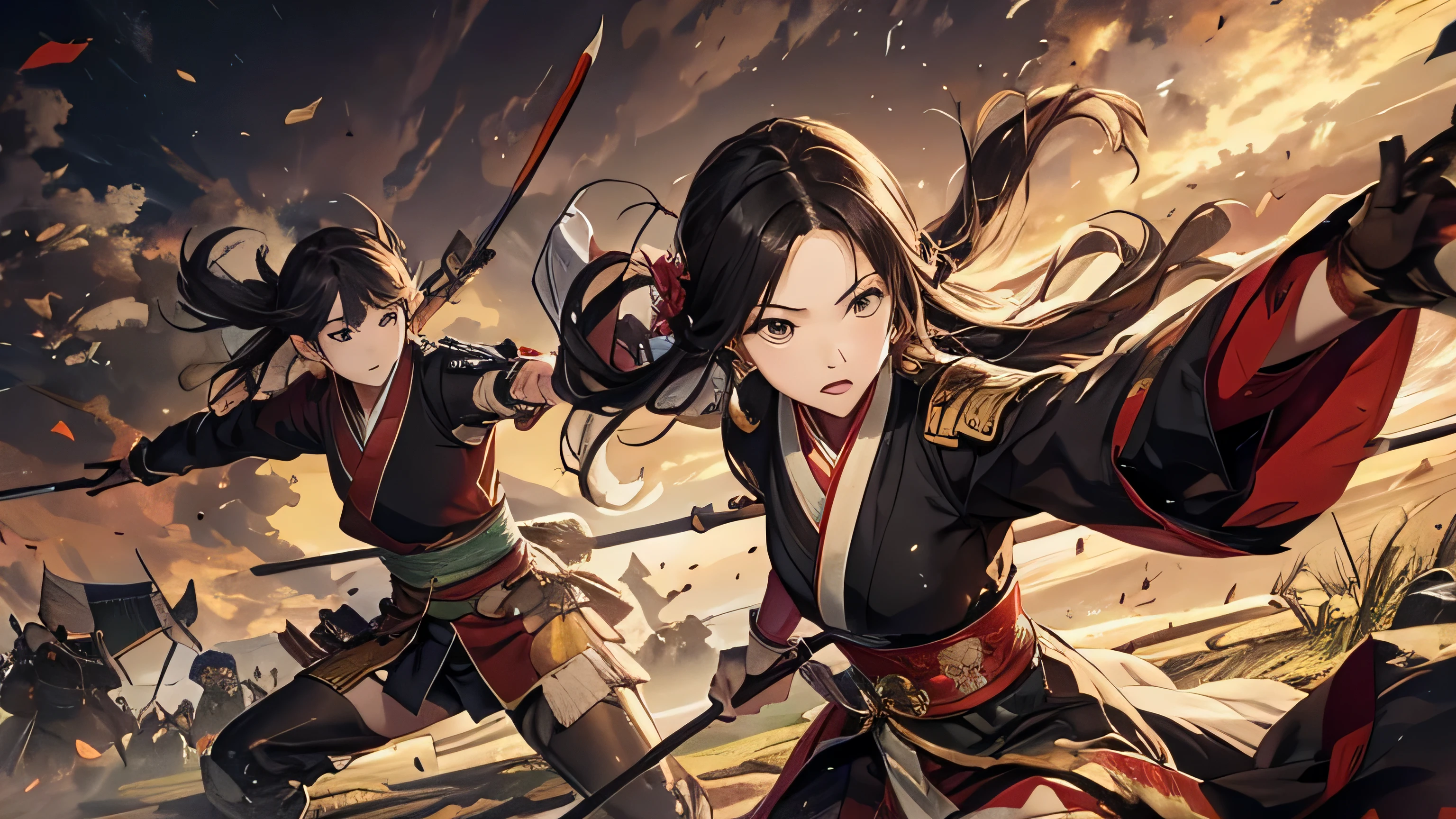 (8K), (Best Quality), (Mastepiece: 1.2) Heian period Draw the battlefield。
In the center of the screen、A lot of soldiers are fighting。
The soldiers、Swords and spears、Armed with bows and arrows, etc.。
On the left side of the screen, click、There is one woman。
women are、Wearing shabby clothes。
women are、Holding a stone in both hands。
women are、Throwing stones at enemies。
On the face of a woman、There is a look of anger and determination on the face。