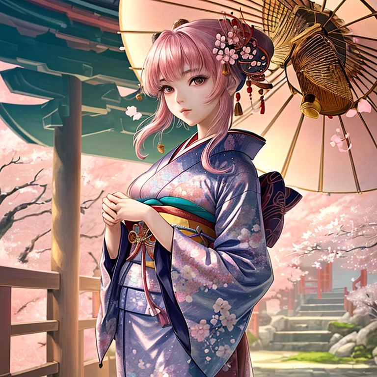 A beautiful Japanese girl with delicate features, mesmerizing eyes, and cherry blossom lips. She is wearing a traditional kimono adorned with intricate patterns and vibrant colors. The kimono is made of soft silk, creating a luxurious texture. The girl is standing in a serene garden, surrounded by blooming cherry blossom trees. The sunlight gently filters through the trees, casting a warm, ethereal glow on the scene. The colors in the image are vivid and vibrant, capturing the essence of Japanese culture. The image is of the best quality, with ultra-detailed elements and a realistic, photorealistic style. The girl's hair is styled in an elegant updo, with delicate cherry blossom hairpins adding a touch of beauty. Everything in the image is carefully crafted, from the girl's intricate hair accessories to the fine details on the kimono. The overall atmosphere of the image is peaceful and tranquil, inviting the viewer to immerse themselves in the beauty of Japanese tradition and nature.