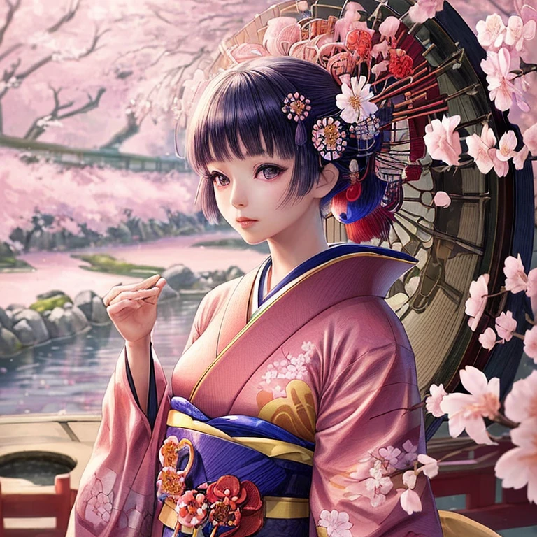 A beautiful Japanese girl with delicate features, mesmerizing eyes, and cherry blossom lips. She is wearing a traditional kimono adorned with intricate patterns and vibrant colors. The kimono is made of soft silk, creating a luxurious texture. The girl is standing in a serene garden, surrounded by blooming cherry blossom trees. The sunlight gently filters through the trees, casting a warm, ethereal glow on the scene. The colors in the image are vivid and vibrant, capturing the essence of Japanese culture. The image is of the best quality, with ultra-detailed elements and a realistic, photorealistic style. The girl's hair is styled in an elegant updo, with delicate cherry blossom hairpins adding a touch of beauty. Everything in the image is carefully crafted, from the girl's intricate hair accessories to the fine details on the kimono. The overall atmosphere of the image is peaceful and tranquil, inviting the viewer to immerse themselves in the beauty of Japanese tradition and nature.