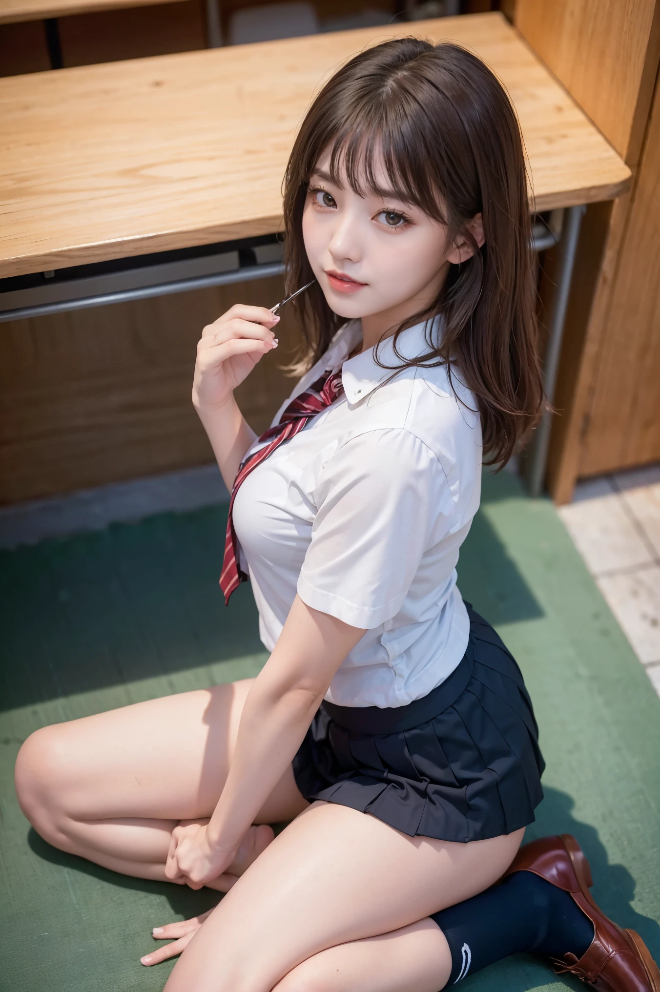 (8k), (highest quality: 1.2), (Realistic), (Realistic: 1.67), 超High resolution,Gal, (Anatomically correct),masterpiece, highest quality, RAW Photos, Beautiful girls, cute like an idol, smile, Written boundary depth, High resolution, 超detailedな, detailed, extremely detailedな顔, Realisticな学生,  Cinema Lighting, (Brown skin color:1.2),alone,woman,(school uniform:1.2),Loose white socks,Medium Shot,(Thighs:1.2),(From the side:1.2),(From above)