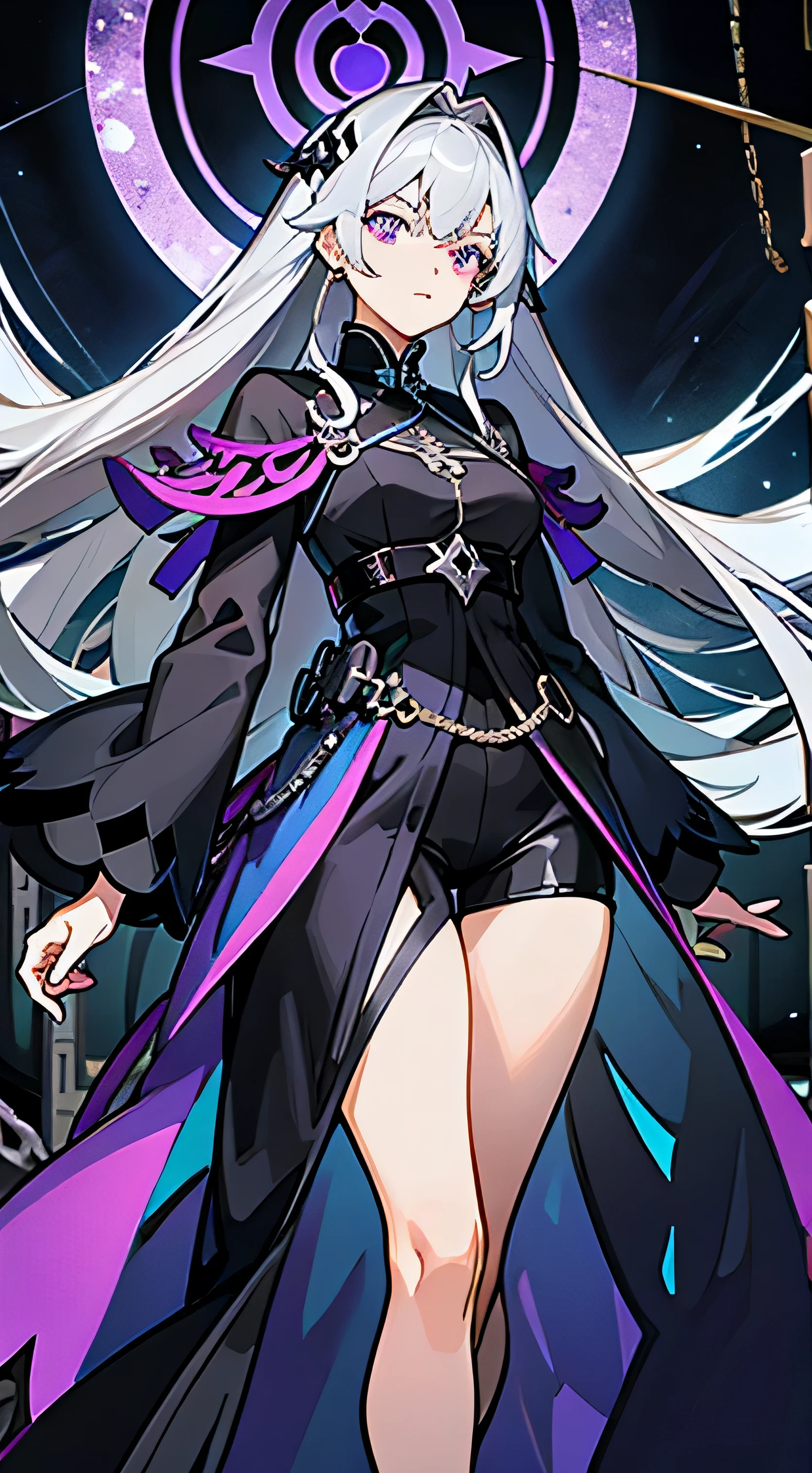 Gray haired lady,1 Female,Long hair,Medium-sized breasts,Combatant,cadre,Well-proportioned body,Perfect head and body proportions,Tall and evenly proportioned,Royal sister style,Poker face,Dead eyes,No facial expressions,Purple Eyes,Wearing a black robe,The lining of the robe is suitable for combat clothing,Shorts,Purple stockings,The robe is decorated with purple stripes and chains.,Western fantasy,Chains in hand,Arms are coffins in the shape of a skeleton.,Huge coffin,Silver gray chain,Cool style,Gray, black and purple theme color,Highest quality,Extremely detailed,The background is a deep dungeon,Anime CG,Royal sister style,Three no styles,arms,Coffin arms,No other decoration,Looking down proudly,Cool and beautiful,Look down at the camera,Very clearly(very clearly)