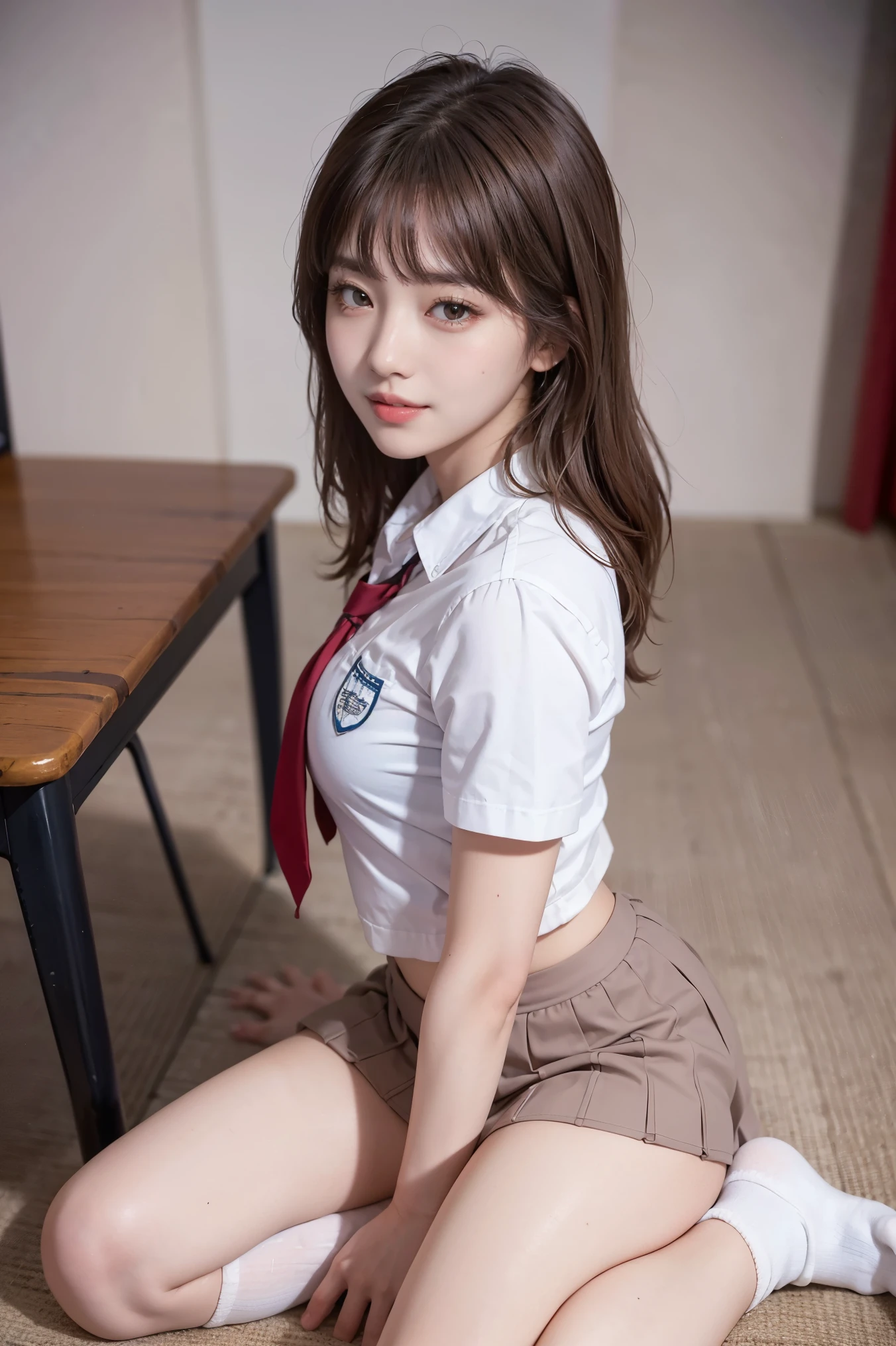 (8k), (highest quality: 1.2), (Realistic), (Realistic: 1.67), 超High resolution,Gal, (Anatomically correct),masterpiece, highest quality, RAW Photos, Beautiful girls, cute like an idol, smile, Written boundary depth, High resolution, 超detailedな, detailed, extremely detailedな顔, Realisticな学生, Cinema Lighting, (Brown skin color:1.2),alone,woman,(school uniform:1.2),Loose white socks,Medium Shot,(Thighs:1.2),(From the side:1.2),(From above)