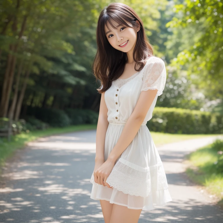 Realistic photo quality、A woman in her 50s wearing a white dress, Cute young woman, Cute young woman, Wearing a cute sheer white dress, Beautiful Japanese girl face, Young and pretty girl, Japanese Model, Young and cute gravure idol, Beautiful Asian Girl, Young Japanese girl, An innocent smile, Cute young girl,  Cute smile、Stroll along forest paths、big breastorning clear々Atmosphere