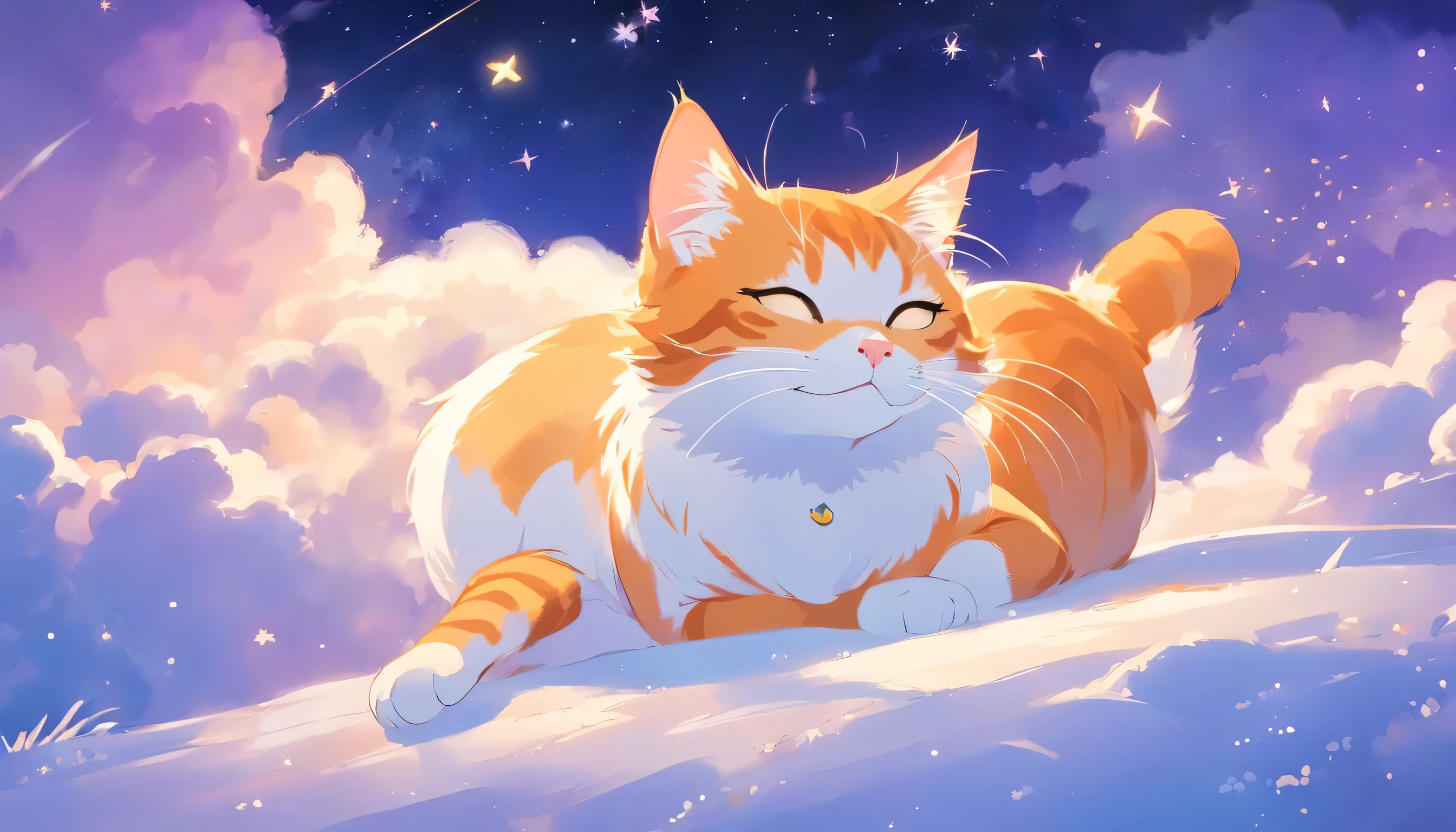 lor tone, color palette, aspect ratio 16:9This picture depicts a small orange-and-white cat lying peacefully on a cloud that looks like snow, with its eyes closed, as if enjoying a sweet dream. The cat’s expression is very calm and content, with its mouth corners slightly turned up as if it’s smiling. The background of the painting is a dreamlike starry sky, adorned with dangling stars and soft halos, some of which connect with graceful lines to create a quiet and peaceful night atmosphere.The overall style can be described as full of fantasy and fairy-tale colors. The entire image is dominated by warm and bright colors, The use of color is soft and layered; the orange and white cat contrasts sharply with the dark blue and purple background, creating a warm versus cool tone that enhances the snug feel of the picture.presenting a peaceful, warm, and pleasant feeling that makes one’s mood very relaxed and happy after looking at it. In addition, the details of the painting are exquisitely handled, such as the texture of the cat’s fur, the fluffiness of the clouds, and the twinkling starlight, all of which add to the picture’s delicacy and charm.Close ~ eyes、one cat