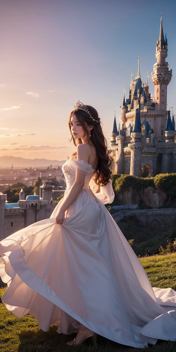 beautiful, charming, natural girl, makeup, beautiful girl, elegant princess, flowing gown, fairytale castle behind, sunset, tiara on her head