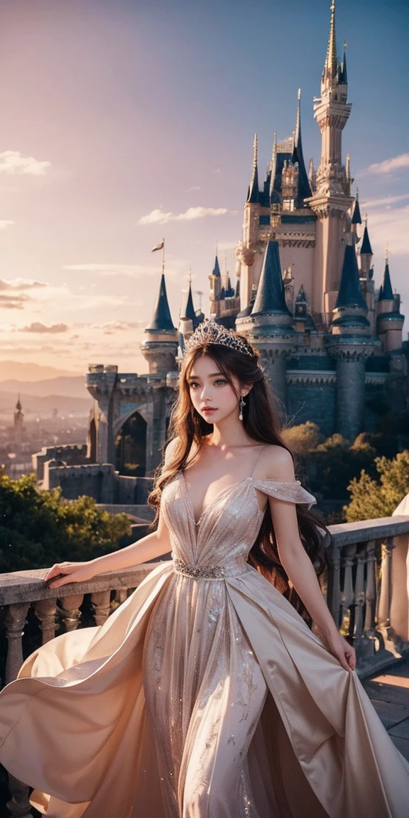 beautiful, charming, natural girl, makeup, beautiful girl, elegant princess, flowing gown, fairytale castle behind, sunset, tiara on her head