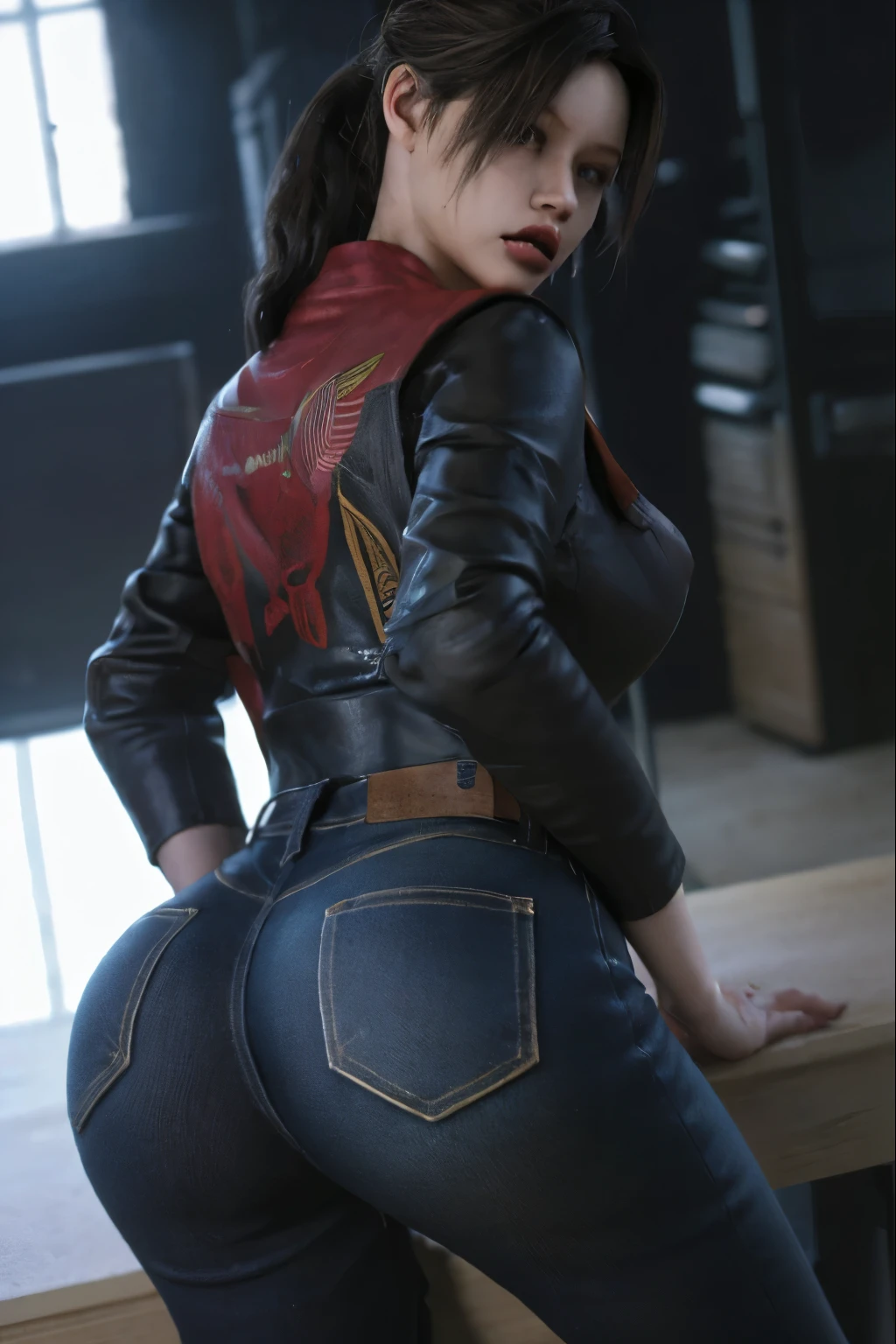 (masterpiece, best quality), 1girl, claireredfield2, girl wear tight jeans, put down on the desk, bi ass