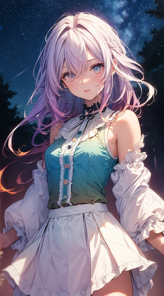 (gradient hair:1.6), dutch angle, film grain, chromatic aberration, starry sky, masterpiece, best quality, raw photo, photorealistic, absurdres, 1girl, cute, perspective, cowboy shot, highres, ultra detailed, finely detail, detailed eyes and face, sharp pupils, realistic pupils, sharp focus, summer, (white long dress:0.6)