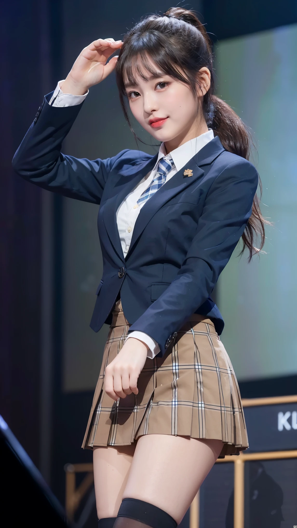 (8k), (highest quality: 1.2), (Realistic), (Realistic: 1.47), Ultra-high resolution, 1 girl, cute, smile, Mouth closed, (Thick lips:1.2),Red lips,(purse your lips),Beautiful details, Beautiful Nose,(Straight shiny black hair),(With a black ribbon on her head),(ponytail),Waving her hands lightly on the concert stage,Bend your elbows and raise your hands,(University Student Uniform,A simple navy blue blazer,White satin shirt,tie,Tartan Check Pleated Skirt,(Skin color is brown:1.2),alone,woman,Loose white socks,Medium Shot,(Shiny thighs:1.2)