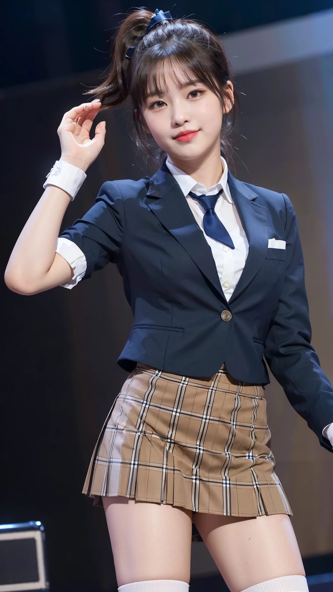 (8k), (highest quality: 1.2), (Realistic), (Realistic: 1.47), Ultra-high resolution, 1 girl, cute, smile, Mouth closed, (Thick lips:1.2),Red lips,(purse your lips),Beautiful details, Beautiful Nose,(Straight shiny black hair),(With a black ribbon on her head),(ponytail),Waving her hands lightly on the concert stage,Bend your elbows and raise your hands,(University Student Uniform,A simple navy blue blazer,White satin shirt,tie,Tartan Check Pleated Skirt,(Skin color is brown:1.2),alone,woman,Loose white socks,Medium Shot,(Shiny thighs:1.2)