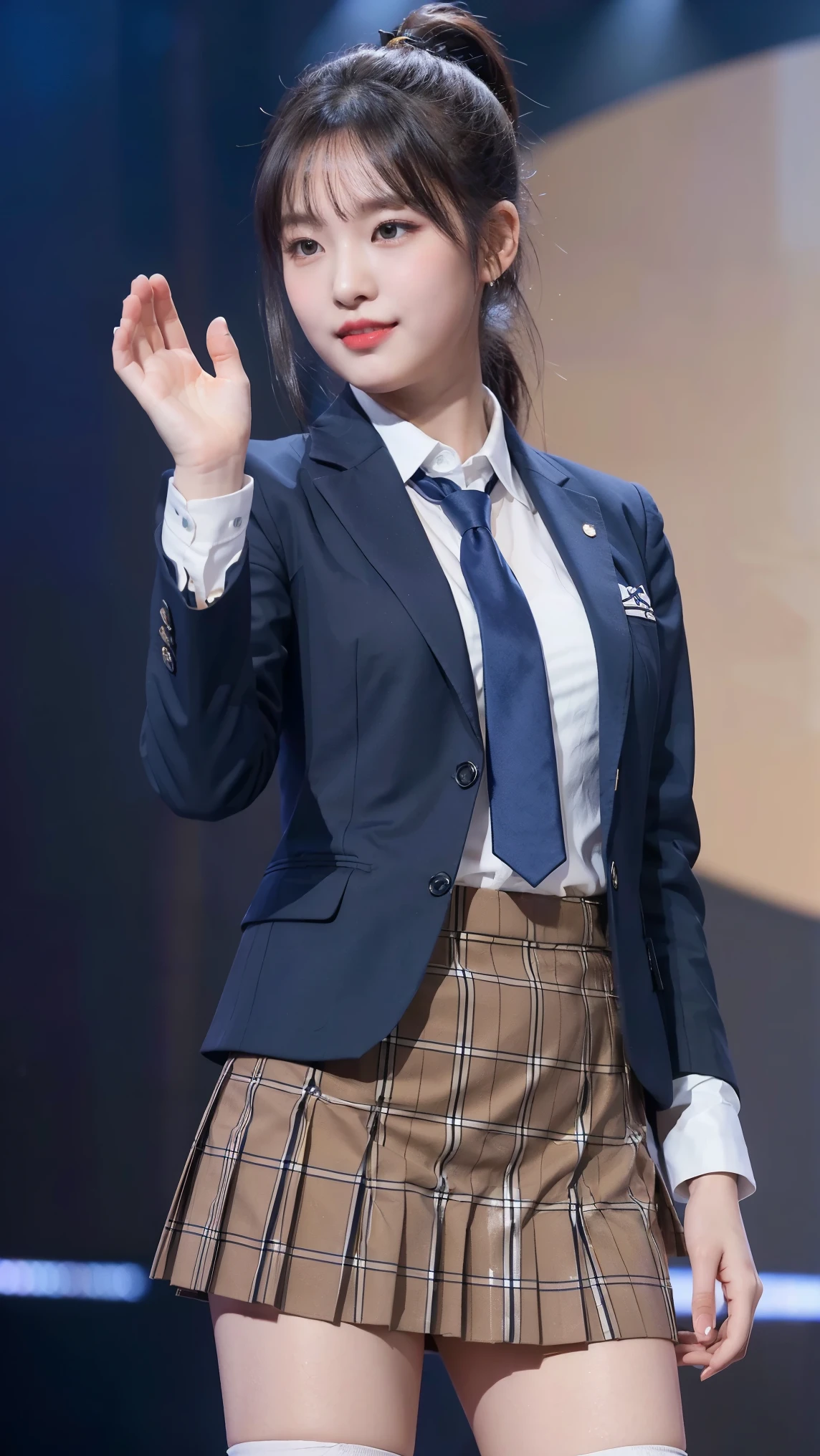 (8k), (highest quality: 1.2), (Realistic), (Realistic: 1.47), Ultra-high resolution, 1 girl, cute, smile, Mouth closed, (Thick lips:1.2),Red lips,(purse your lips),Beautiful details, Beautiful Nose,(Straight shiny black hair),(With a black ribbon on her head),(ponytail),Waving her hands lightly on the concert stage,Bend your elbows and raise your hands,(University Student Uniform,A simple navy blue blazer,White satin shirt,tie,Tartan Check Pleated Skirt,(Skin color is brown:1.2),alone,woman,Loose white socks,Medium Shot,(Shiny thighs:1.2)