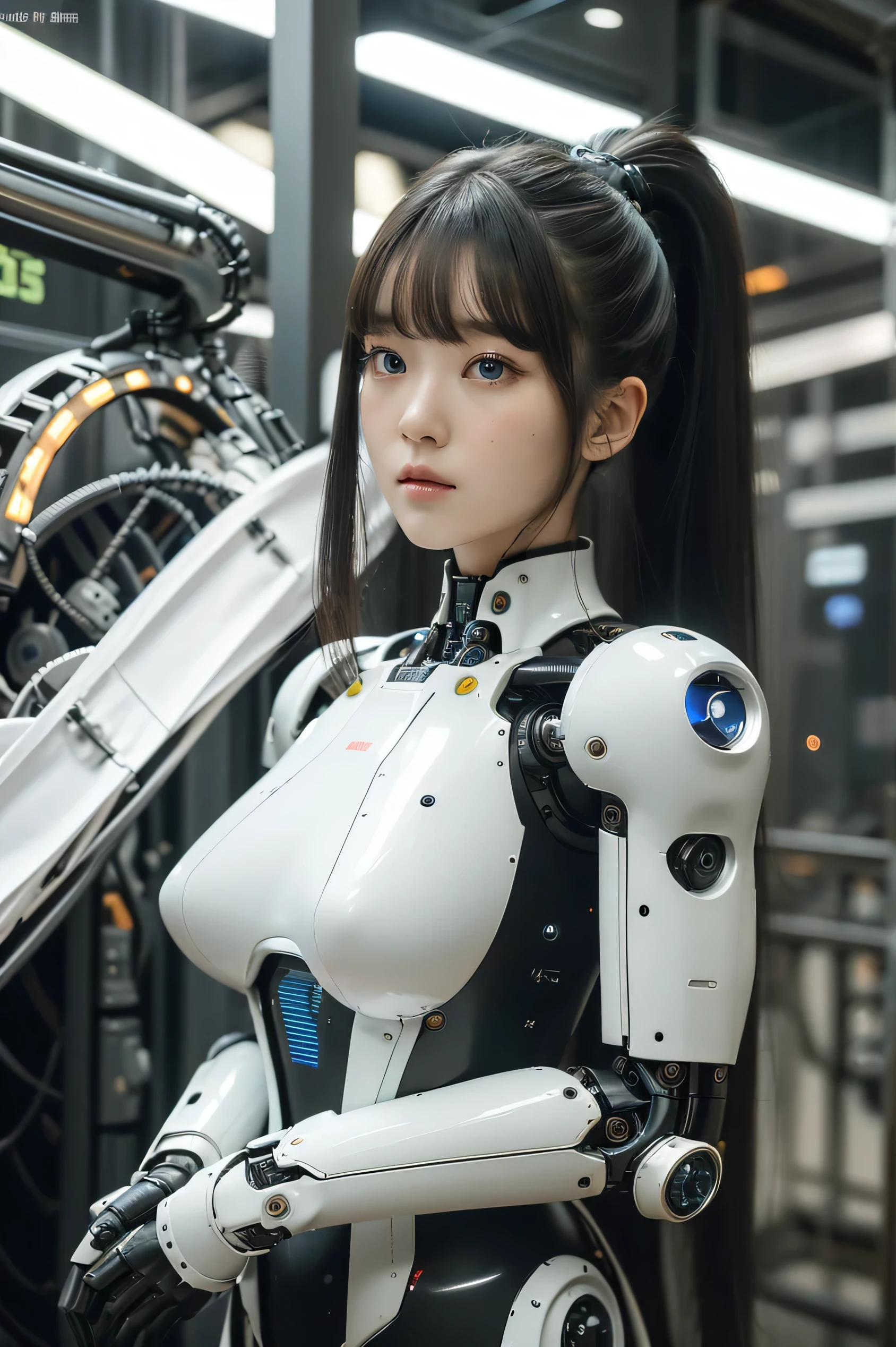masterpiece, best quality, extremely detailed, portrait,Japaese android girl,Plump,a bit chubby,control panels,android,Droid,Mechanical Hand, ,Robot arms and legs, Black hair,Mechanical body,Blunt bangs,White Robotics Parts,perfect robot woman,Charging spot,Long Tube,A thick cable was connected to her neck,perfect mechanical body,white robotics body,future assembly plant,white body,She has repaired,black sponge joints,android assembly plant,android,laboratory,perfect machine body,white robot body,blue eyes
