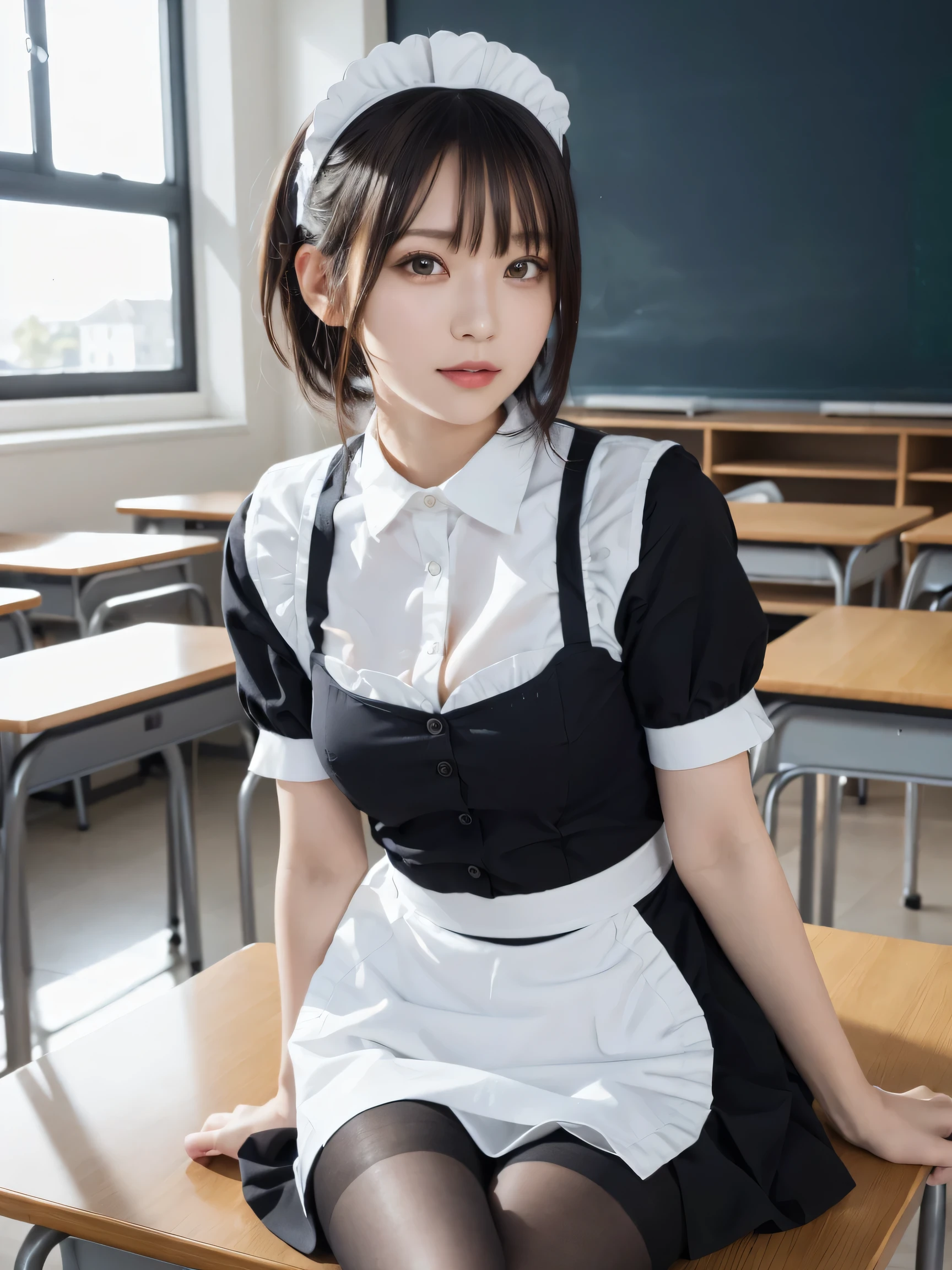 Masterpiece, Top Quality, Ultra High Definition, Colorful, Flat Color, Depth Of Field, Lens Flare 1 Girl, Sitting, Dark Hair, Viewer, School, Classroom, Pleated Miniskirt, Taking Off , Seravuk, Black Pantyhose, Fine Touch, Detailed Fabric Texture, Beautiful Detailed Face, 30 Year Old Beautiful Woman, Adult Atmosphere, Reveal,((Maid:1.3))