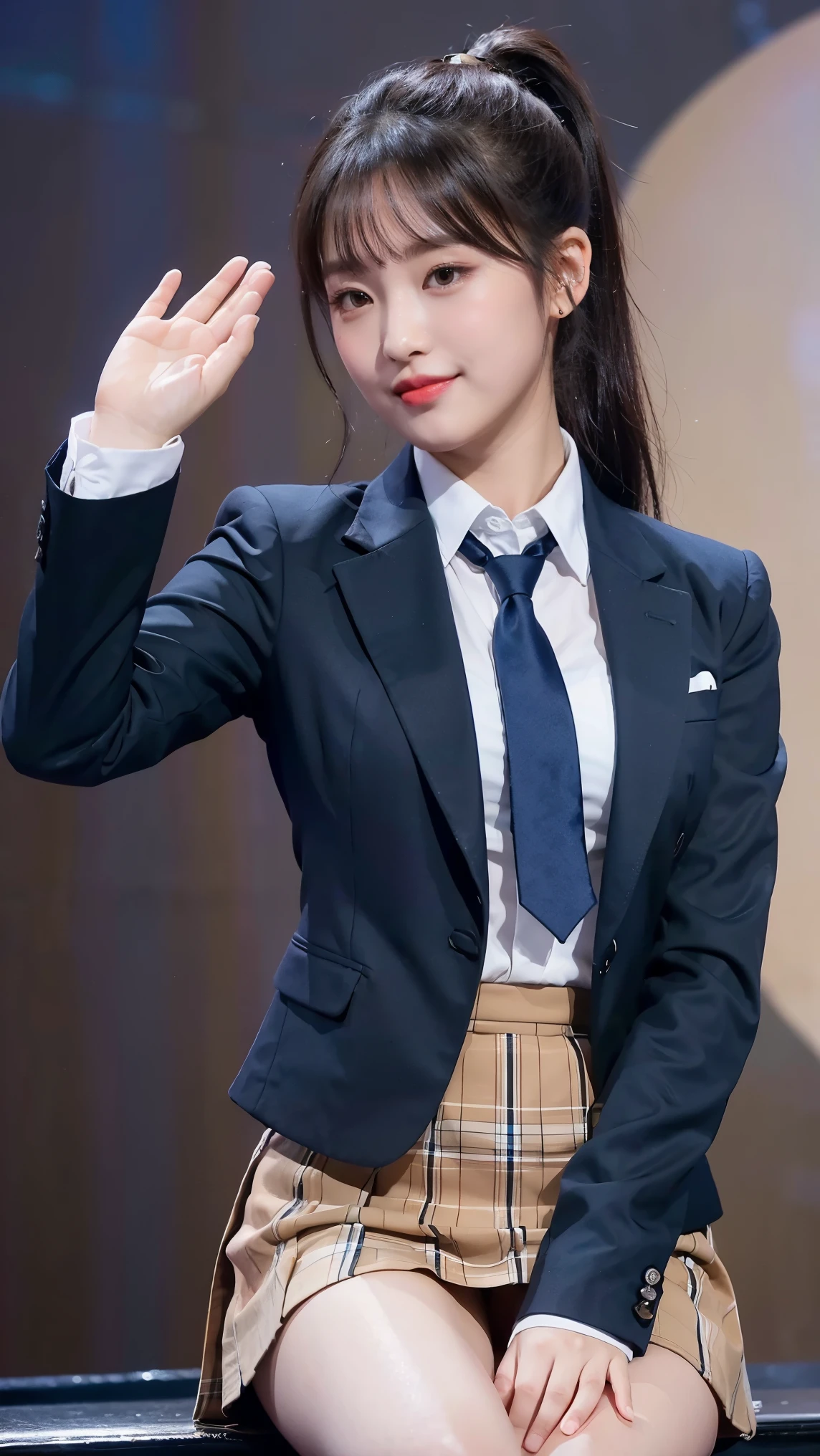 (8k), (highest quality: 1.2), (Realistic), (Realistic: 1.47), Ultra-high resolution, 1 girl, cute, smile, Mouth closed, (Thick lips:1.2),Red lips,(purse your lips),Beautiful details, Beautiful Nose,(Straight shiny black hair),(With a black ribbon on her head),(ponytail),Waving her hands lightly on the concert stage,Bend your elbows and raise your hands,(University Student Uniform,A simple navy blue blazer,White satin shirt,tie,Tartan Check Pleated Skirt,(Skin color is brown:1.2),alone,woman,Loose white socks,Medium Shot,(Shiny thighs:1.2)