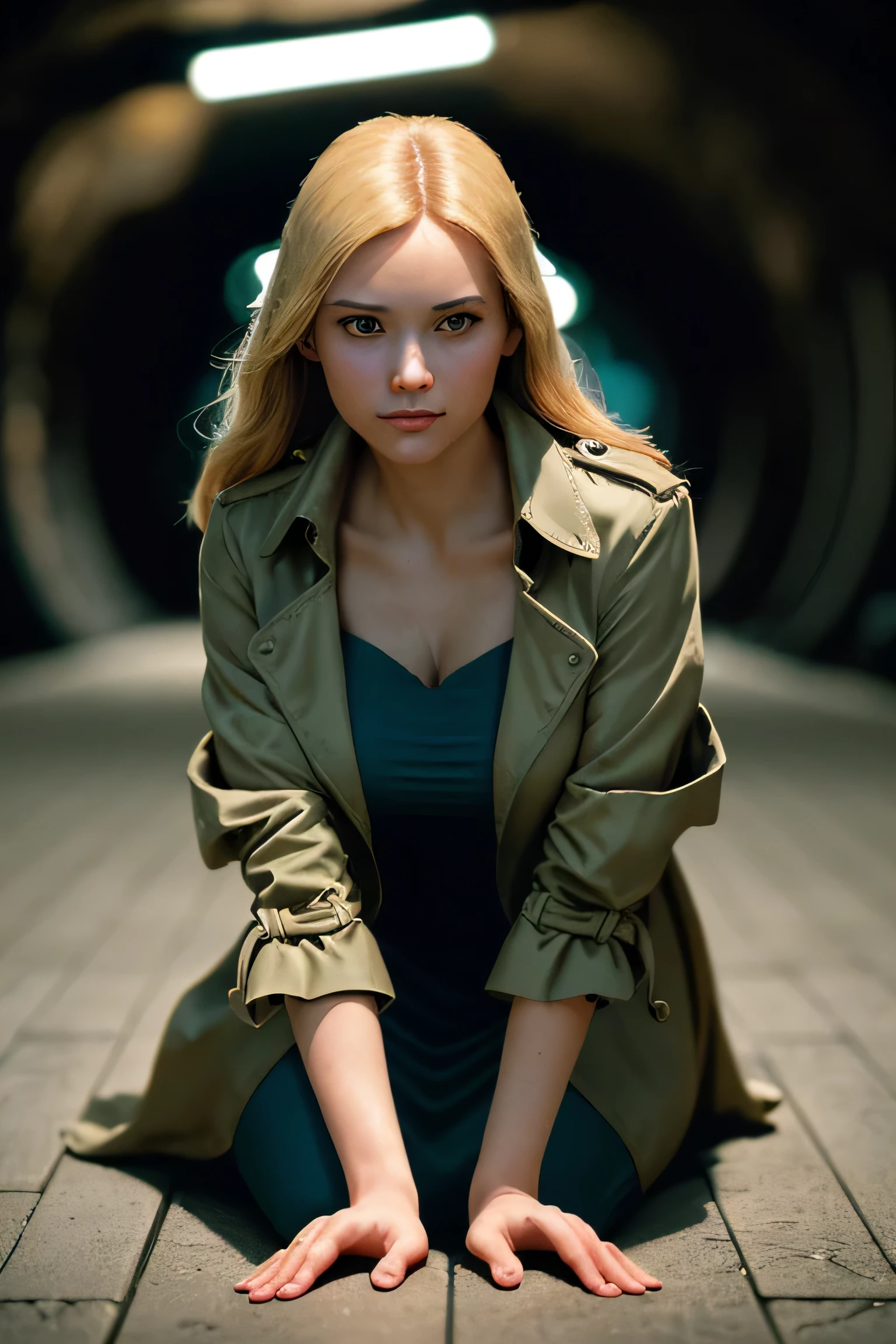 (masterpiece), (extremely intricate:1.3), (realistic), a girl, (future nostalgia), (dynamic perspective), dynamic angle, the most beautiful in the world, (slouching on the floor), trench coat, camisole dress, smirk, tunnel, professional photograph of a stunning woman detailed, sharp focus, dramatic, award winning, cinematic lighting, octane render unreal engine, volumetrics dtx, (film grain, blurry background, blurry foreground, bokeh, depth of field)