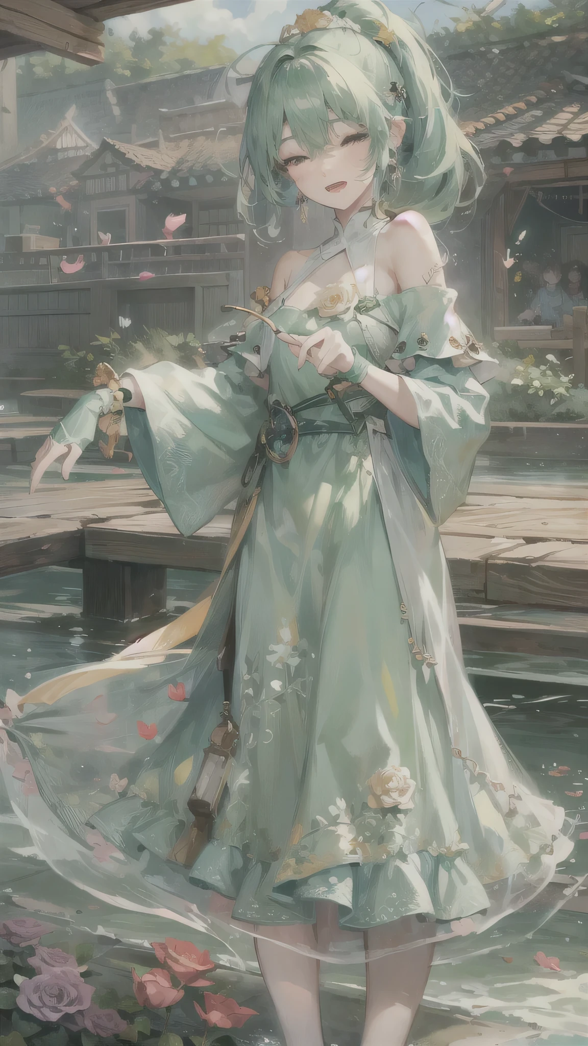 perfect anatomy, masterpiece:1.4, best highres, 16k, (the background is Hot Spring Town), ((background many hot spring with fog)) break,  
(wide-angle, frontale:1.2) (solo:1.3 ponytail green hair long hair cute girl), ((15 yo)), (cute closed eyes), ((beautiful make up)), (sexy smile, open mouth), break, (in a Layered yellow Off-the-shoulder dress with detailed green rose).