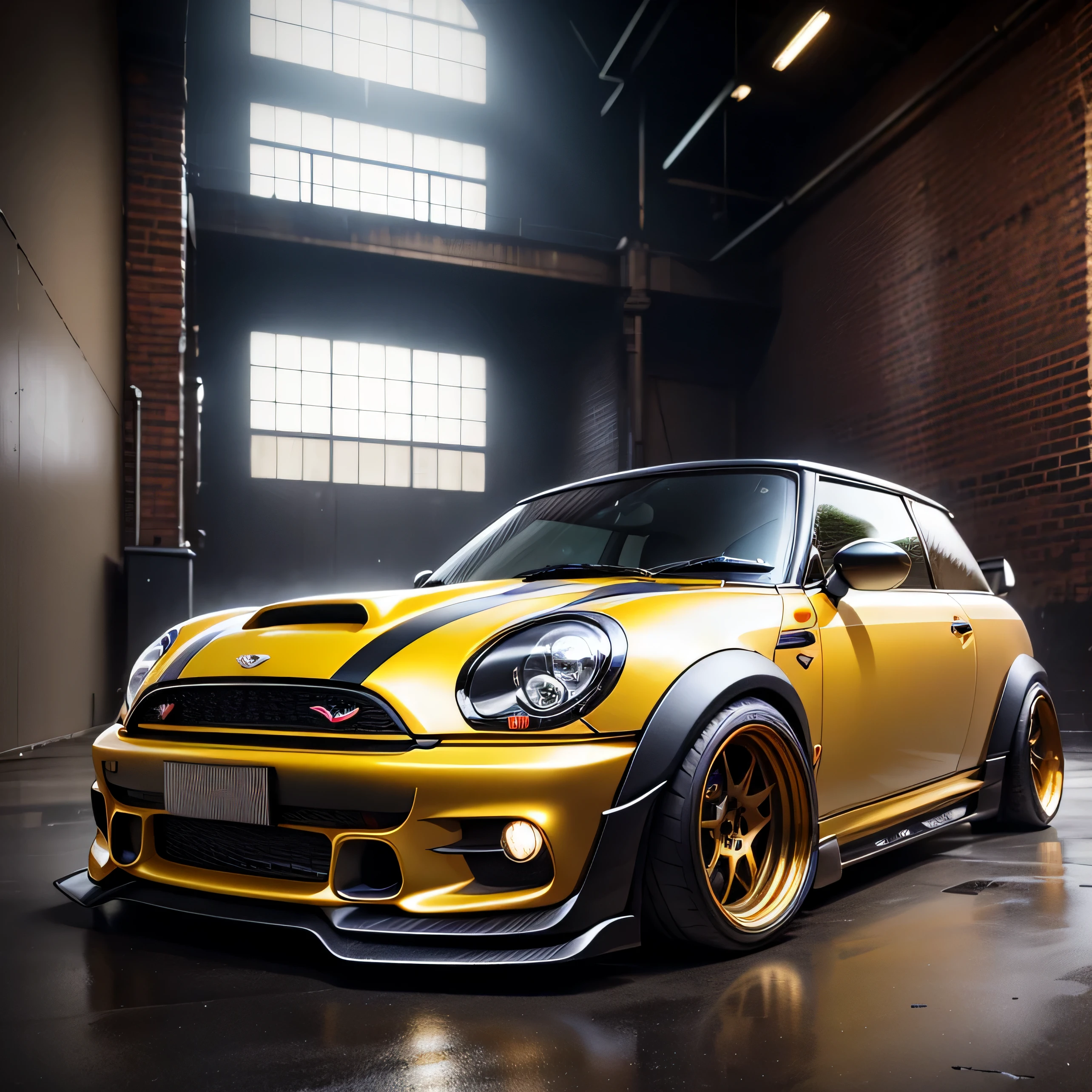 gold Classic Mini Cooper S JCW, ((carbon fibre, Liberty walk ultra wide body kit)), aggressive stance ((background: inside old industrial style building, large windows in background, overcast sky, heavy industrial look, cobble stone street)), 8K quality, realistic, realism, sharp, detailed, ultrawide, black and carbon fibre and deep candy apple red scheme, front profile, epic stance, epic ultra wide body kit, super low stance, aggressive looks