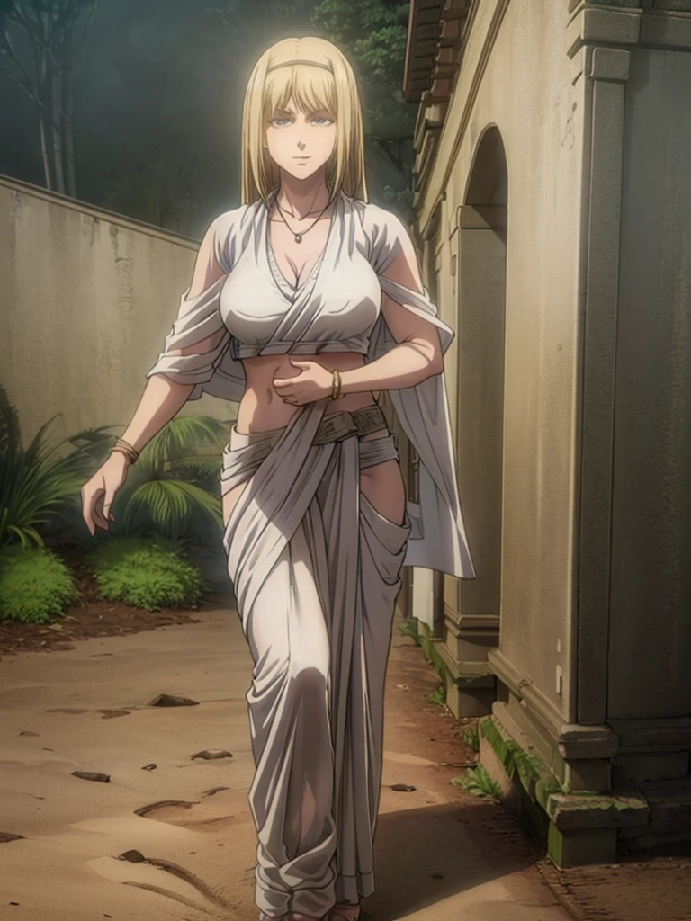 (8k, RAW photos, minino:1.1) ,female,(looki at viewer company),cowboy lens,Japanese,ymir fritz / (attack on titan\),(fullbody saree:1.1),La Brett Piercing,cleavage,(((white saree))),seductive smile,Be red on the face, full body photo, standing, lean, muscular legs, muscular belly, long hair, blonde hair, eyes, medium breasts, bangs, Professional lighting、photon mapping、physics-based rendering、dark theme,wearing wifs, jewellery and necklace, alone, extreme high quality, legs covering saree