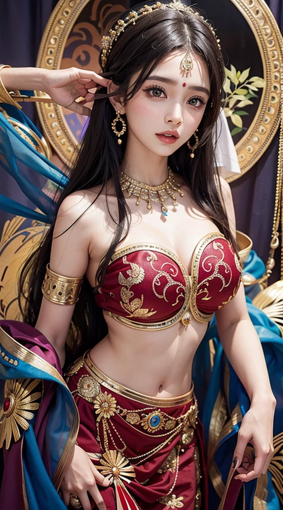Une femme en sari posant pour une photo, Indian, traditional beauty, Indien, beautiful girl, red Ornate Cosplay, en tailleur, Super mannequin indien, Belle jeune fille, femme magnifique, Asie du Sud-Est avec Long, Indien provocateur, magnifique belle femme, Tenue complexe, Hindu aesthetics, belle fille asiatique, Extremely detailed shot of the girl, jaw dropping beauty, Big breasts deep neckline sexy navel
