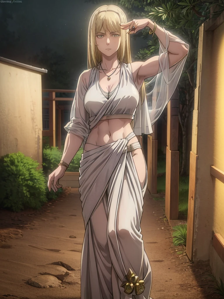 （8k, RAW photos, minino：1.1） ，female，（looki at viewer company），cowboy lens，Japanese，ymir fritz / (attack on titan\），（fullbody saree：1.1），La Brett Piercing，cleavage，(((white saree)))，seductive smile，Be red on the face, full body photo, standing, lean, muscular legs, muscular belly, long hair, blonde hair, eyes, medium breasts, bangs, Professional lighting、photon mapping、physics-based rendering、dark theme，wearing wifs, jewellery and necklace, alone, extreme high quality, legs covering saree