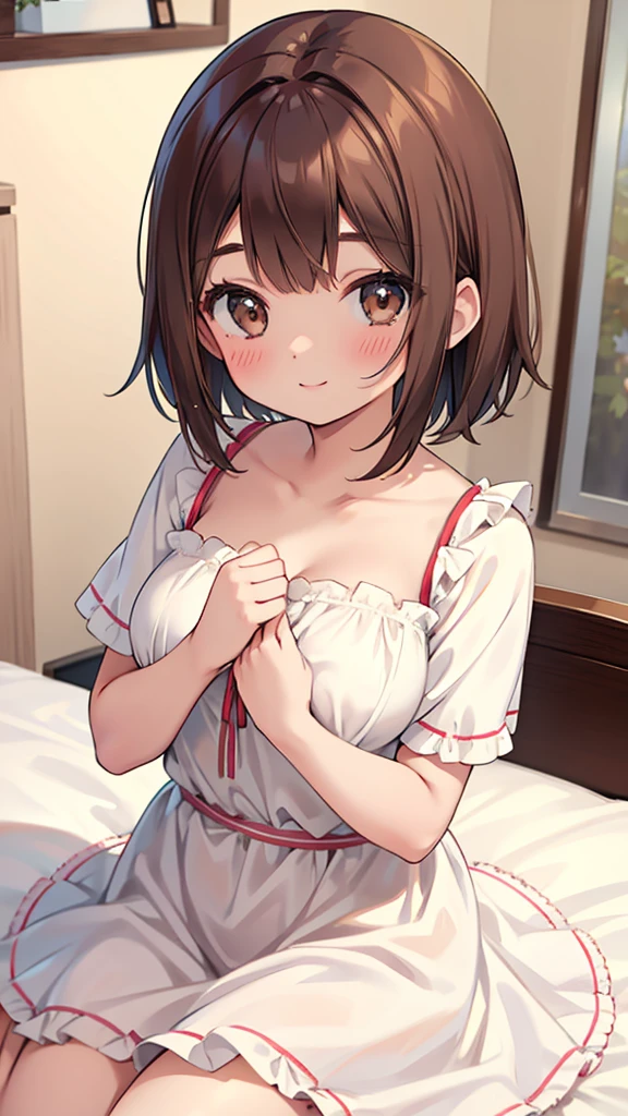 Beautiful breasts, brown hair, Brown eyes, Wave Shorthair, bangs, blush, bright, smile, White ruffle dress, bed,