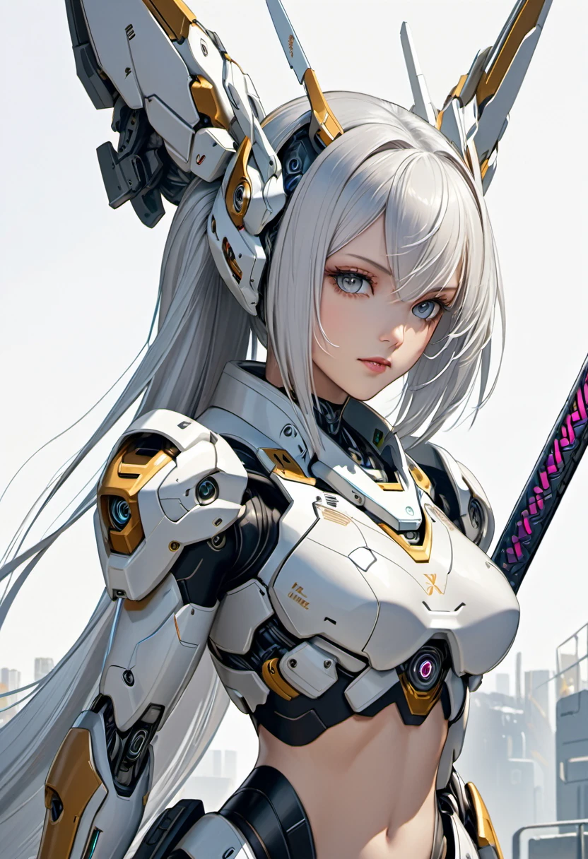 a close up of a woman in armor holding a sword, cyberpunk anime girl mech, girl in mecha cyber armor, cyborg - girl with silver hair, perfect anime cyborg woman, cute cyborg girl, mechanized valkyrie girl, female mecha, high quality digital concept art, advanced digital anime art, beutiful white girl cyborg, perfect android girl, beutiful girl cyborg