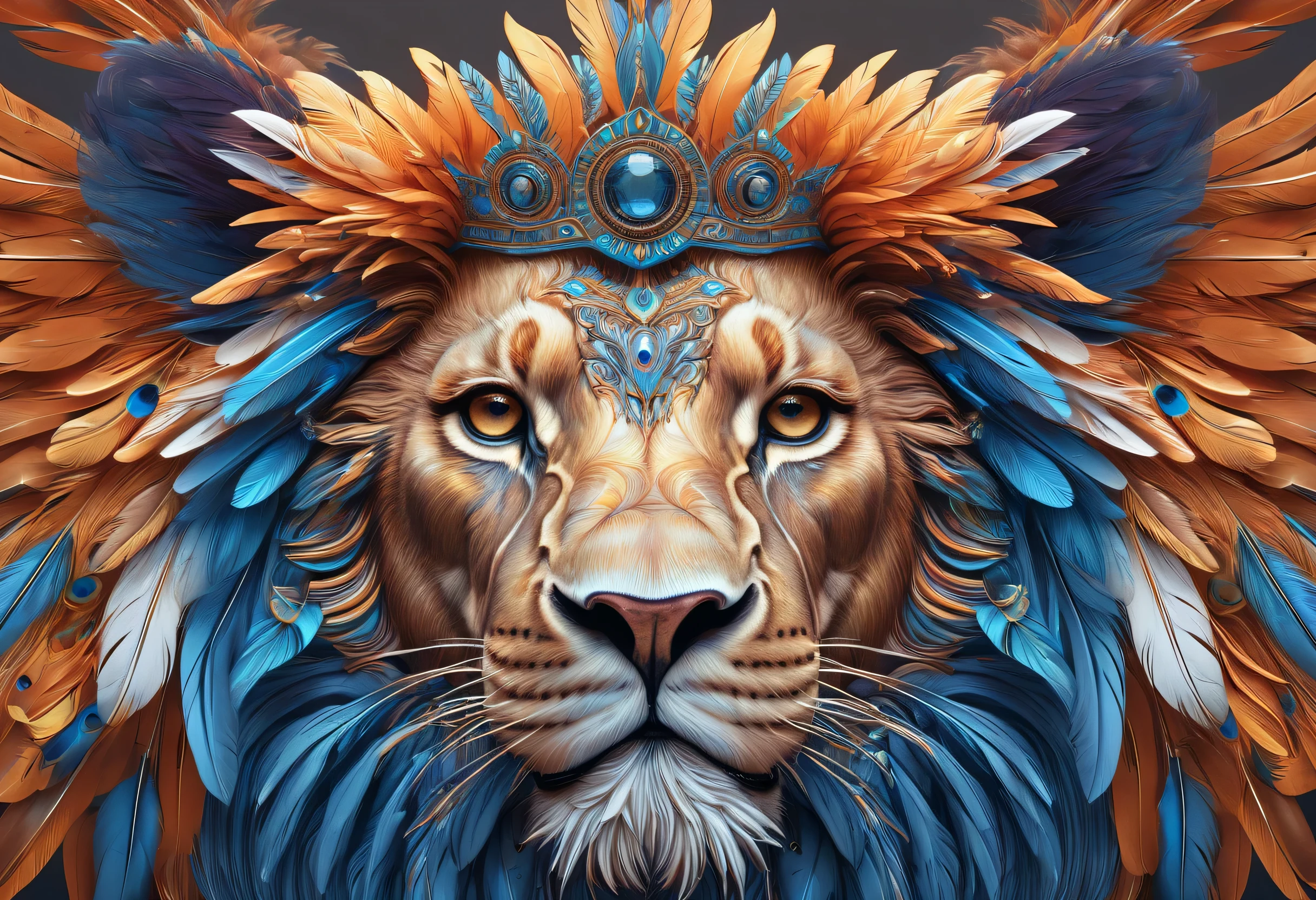 Three lions with feathers on their heads、A drawing of a lion with wings on its head, highly detailed Visionary art, hyper - detailed Visionary art, hyper detailed Visionary art, Beeple and Jeremiah Kettner, Galen Dala, Visionary art, By Gina Bauck, Visionary art style, Complex, Lion's Gate, Jason Benjamin