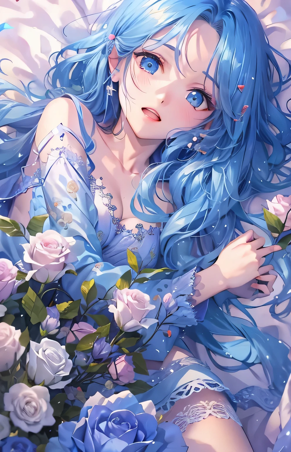 ((highest quality)), ((masterpiece)), (Get used to it), Perfect Face , beautiful girl , Beautiful long blue hair , Beautiful Blue Eyes , In underwear , Blue roses scattered , Lying in bed ,
