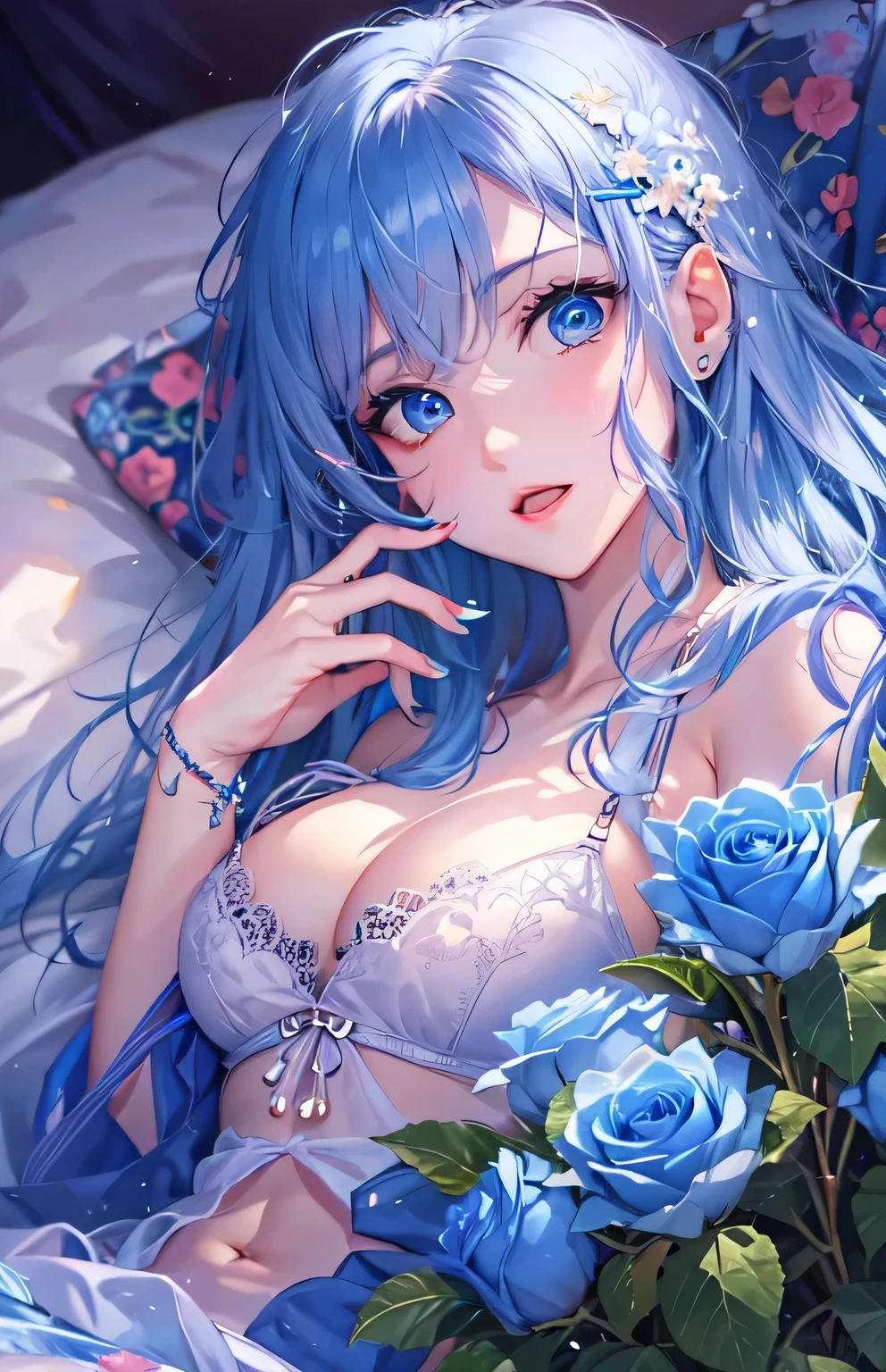 ((highest quality)), ((masterpiece)), (Get used to it), Perfect Face , beautiful girl , Beautiful long blue hair , Beautiful Blue Eyes , In underwear ,  Blue roses scattered , Lying in bed ,