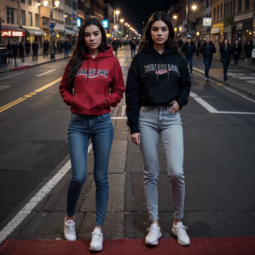 Masterpiece, best quality, high resolution, high definition, 4K, 8K Realistic, young girl, standing on the red carpet in the premier, wearing black hoodie, skinny jeans, and Sneaker shoes