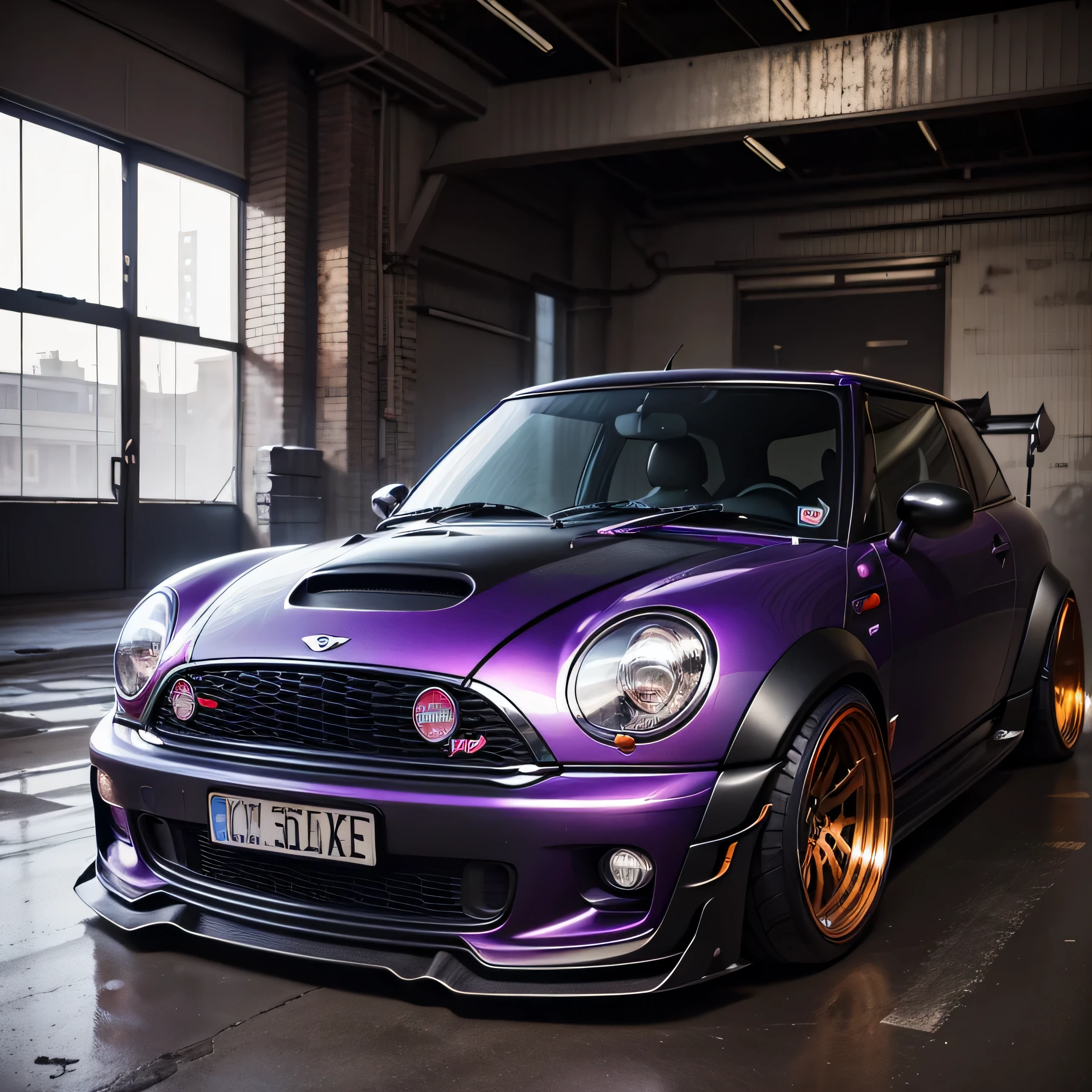 purple Classic Mini Cooper S JCW, ((carbon fibre, Liberty walk ultra wide body kit)), aggressive stance ((background: inside old industrial style building, large windows in background, overcast sky, heavy industrial look, cobble stone street)), 8K quality, realistic, realism, sharp, detailed, ultrawide, black and carbon fibre and deep candy apple red scheme, front profile, epic stance, epic ultra wide body kit, super low stance, aggressive looks