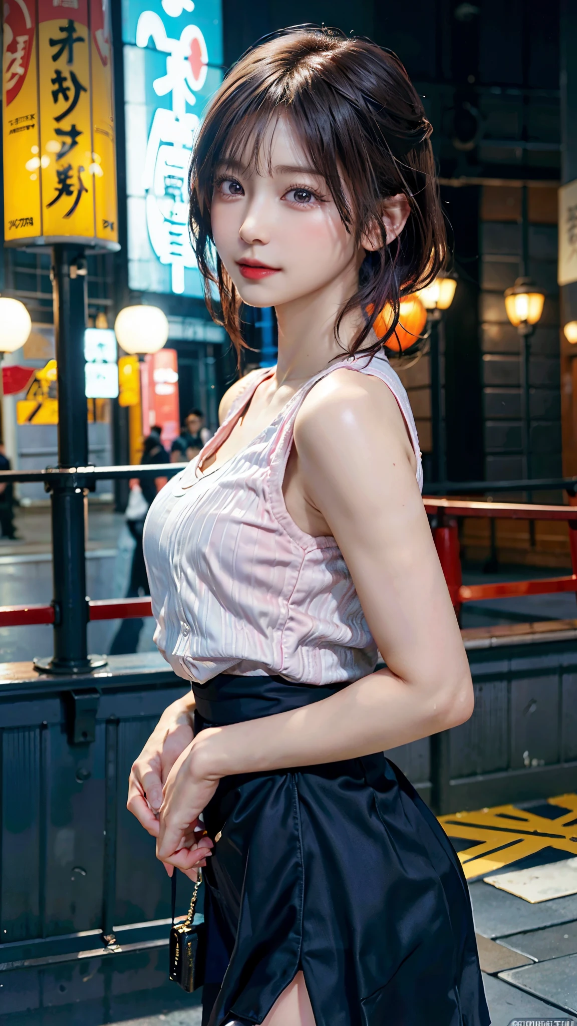 Full body view、(highest quality,masterpiece:1.3,超A high resolution,),(Super Detailed,Caustics),(Photorealistic:1.4,RAW shooting,)ultra-Realistic capture,Very detailed,High resolution 16K suitable for human skin、 Natural skin texture、、Skin tone is even and healthy looking、 Use natural light and color,One Woman,Japanese,,cute,Pink Hair,Middle Hair,(Written boundary depth、chromatic aberration、、Wide range of lighting、Natural Shading、)(RAW Photos:1.2),expensive、expensive品質,beautiful detail girl,smile,Double Tail,Very detailed目と顔,Beautiful and beautiful eyes,Very detailed,Face Light,Cinema Lighting,(Realistic:1.4),Awareness-raising,Henterrealism,From below,Super Detail、short hair、skirt、Tokyo Street、(Night view:1.4)、Idol