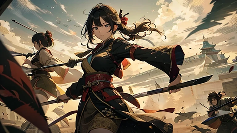 (8K), (Best Quality), (Mastepiece: 1.2) Heian period Draw the battlefield。
In the center of the screen、A lot of soldiers are fighting。
The soldiers、Swords and spears、Armed with bows and arrows, etc.。
On the left side of the screen, click、There is one woman。
women are、Wearing shabby clothes。
women are、Holding a stone in both hands。
women are、Throwing stones at enemies。
On the face of a woman、There is a look of anger and determination on the face。